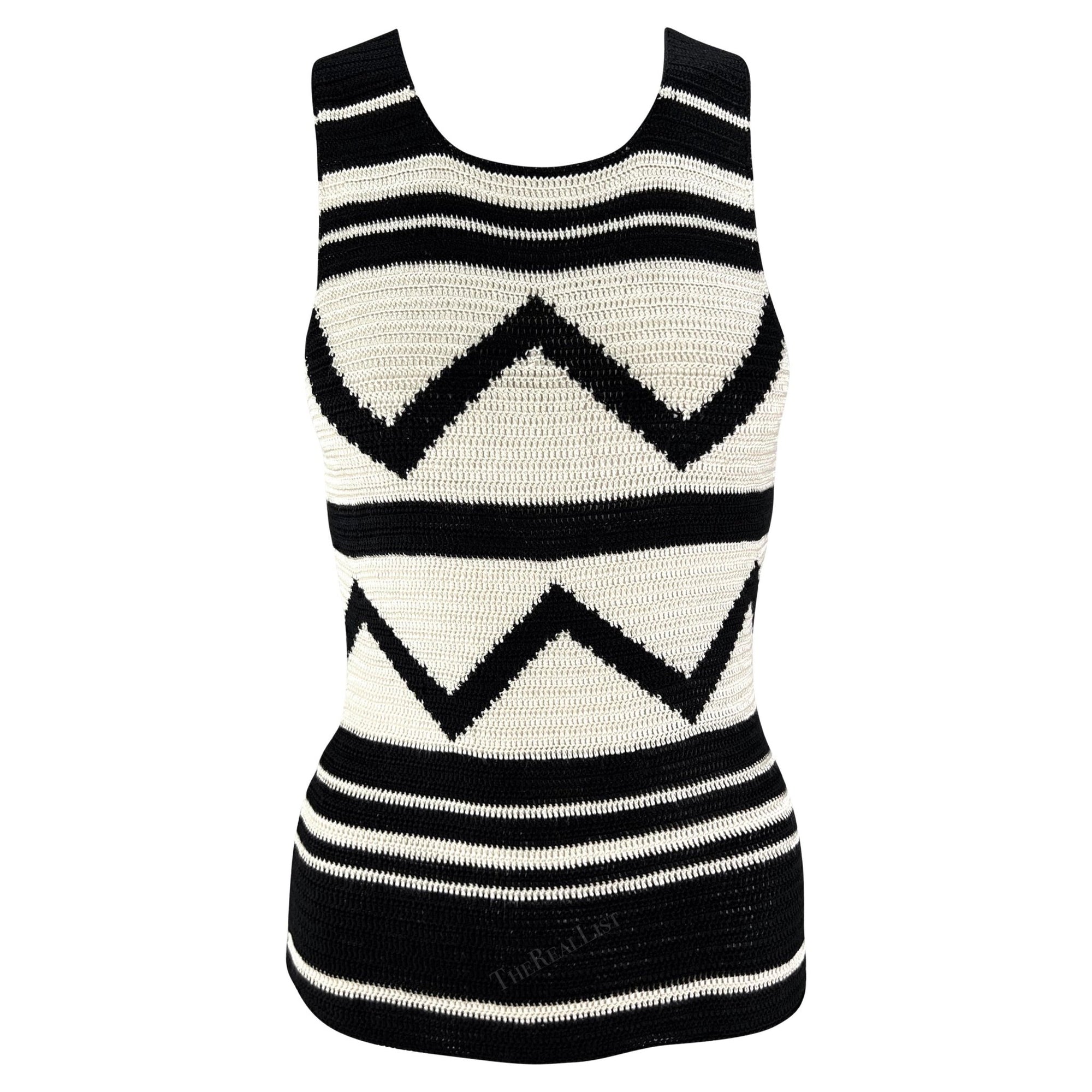 S/S 2001 Ralph Lauren Runway Creme Black Geometric Sheer Knit Silk Sweater Top - RealList