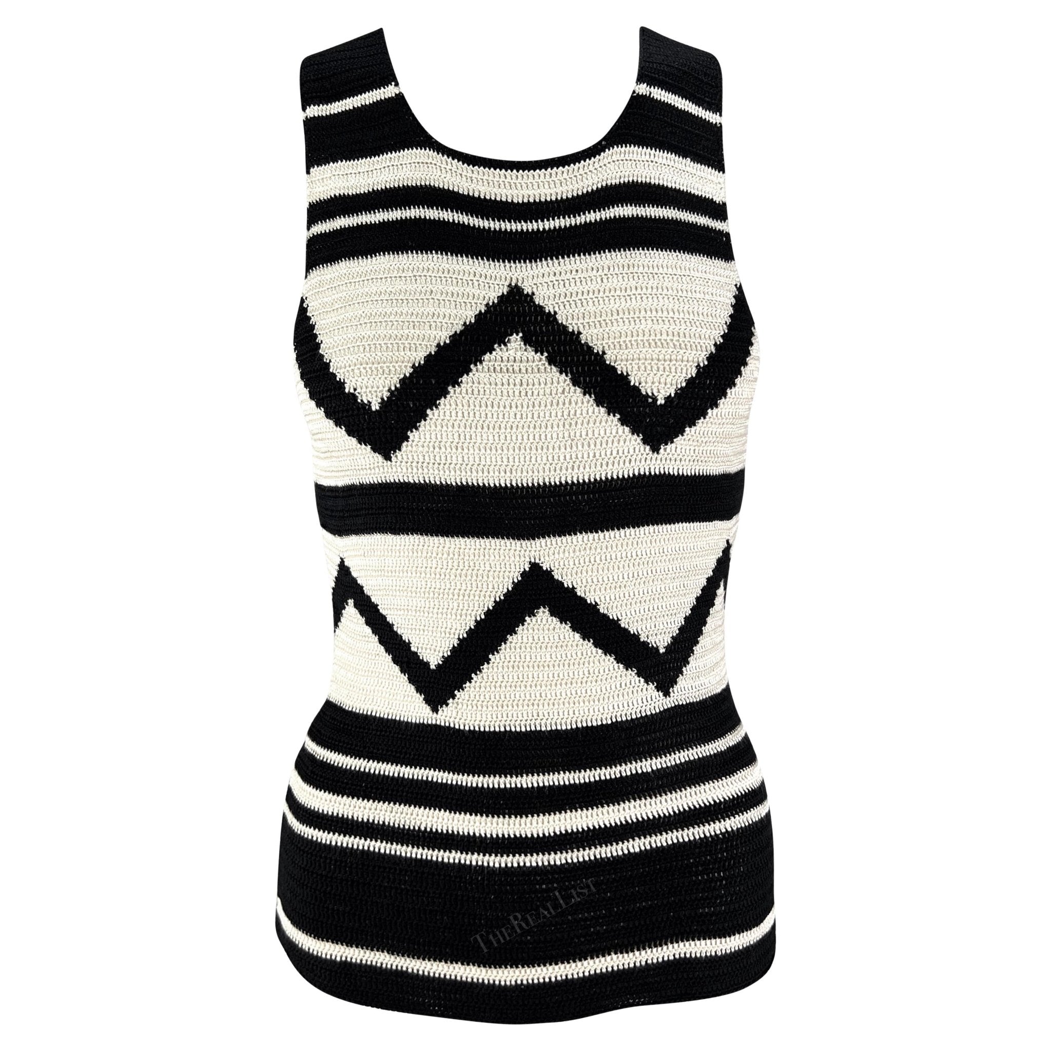 S/S 2001 Ralph Lauren Runway Creme Black Geometric Sheer Knit Silk Sweater Top - RealList