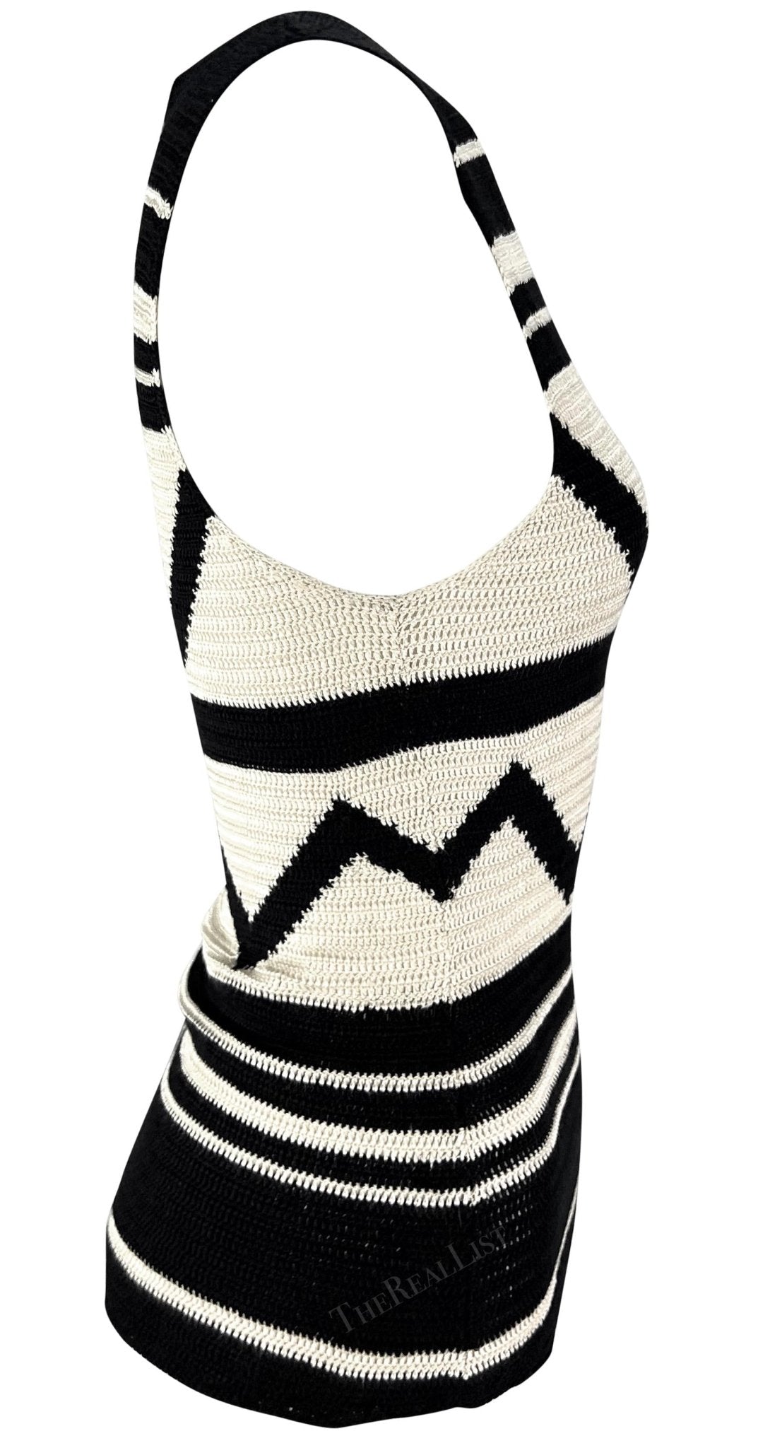 S/S 2001 Ralph Lauren Runway Creme Black Geometric Sheer Knit Silk Sweater Top - RealList