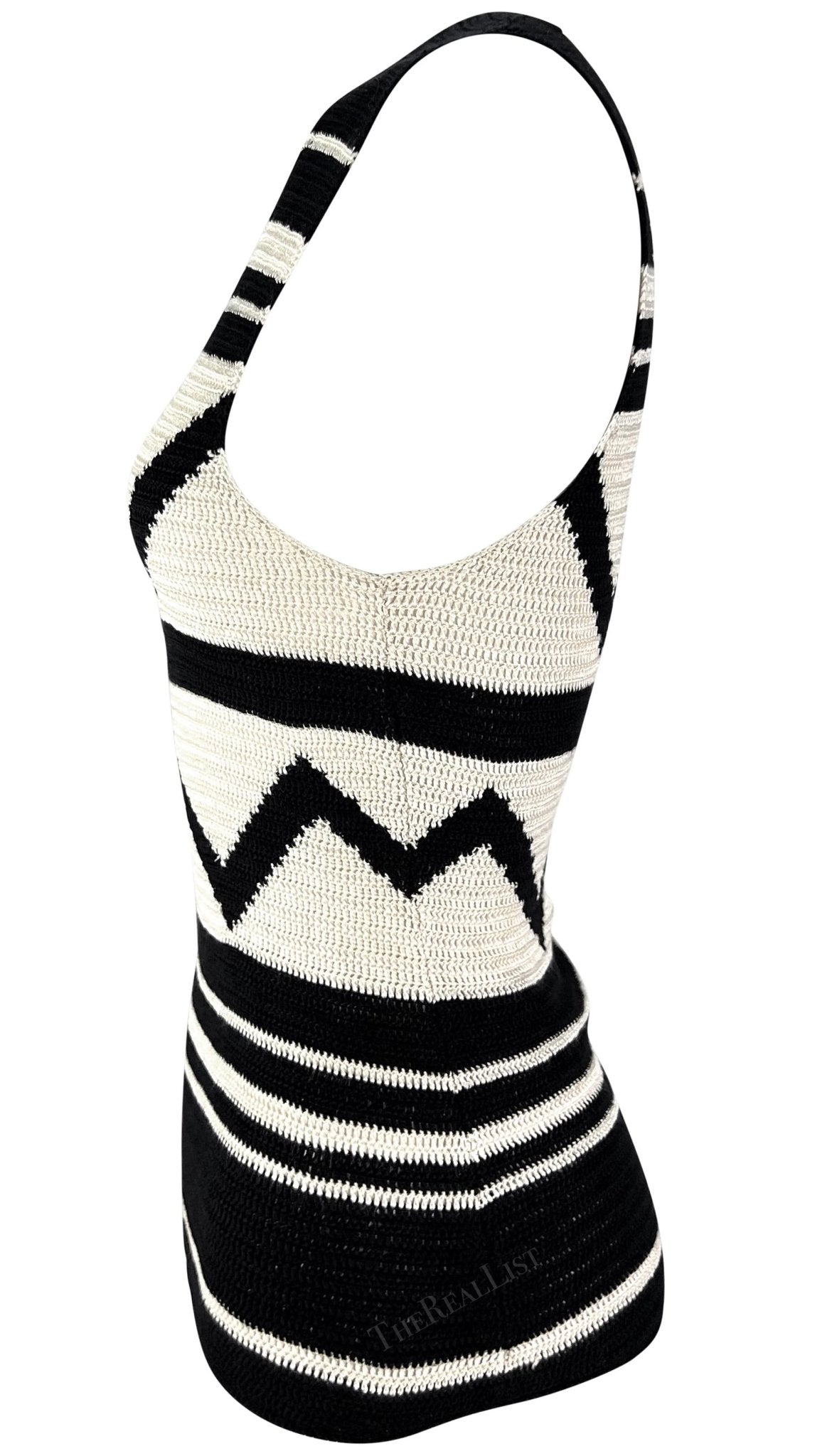 S/S 2001 Ralph Lauren Runway Creme Black Geometric Sheer Knit Silk Sweater Top - RealList