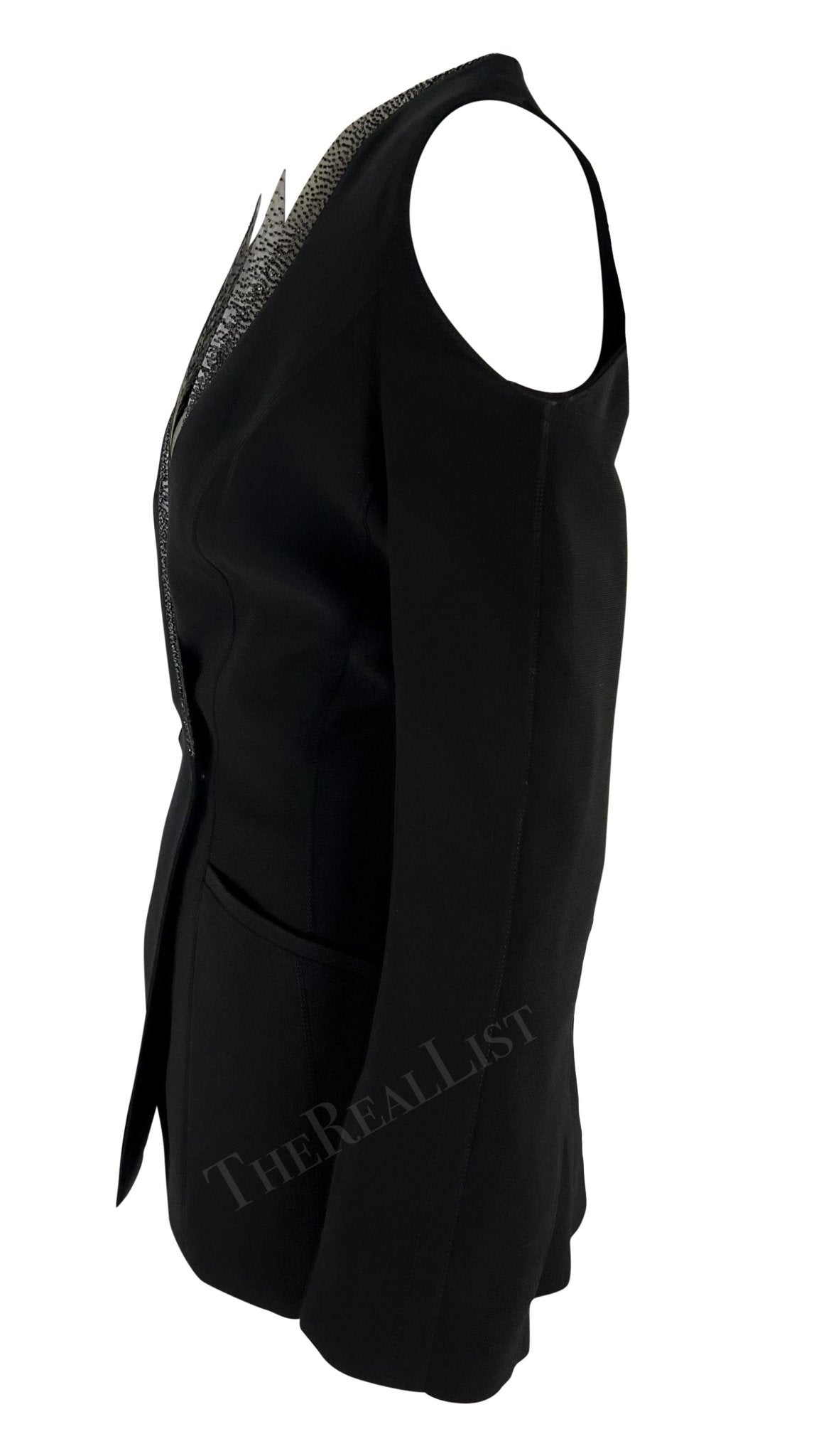 S/S 2001 Thierry Mugler Runway Beaded PVC Cutout Black Plunging Blazer - RealList