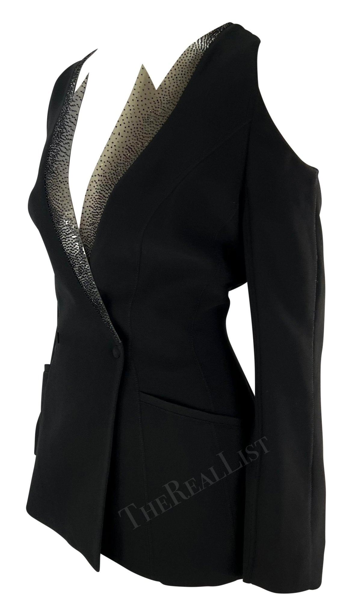 S/S 2001 Thierry Mugler Runway Beaded PVC Cutout Black Plunging Blazer - RealList