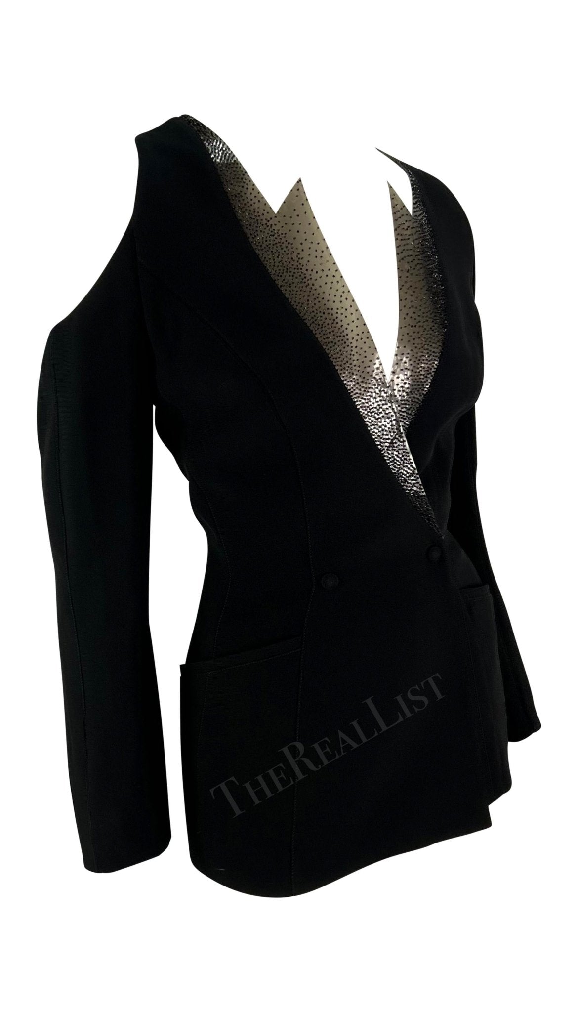 S/S 2001 Thierry Mugler Runway Beaded PVC Cutout Black Plunging Blazer - RealList