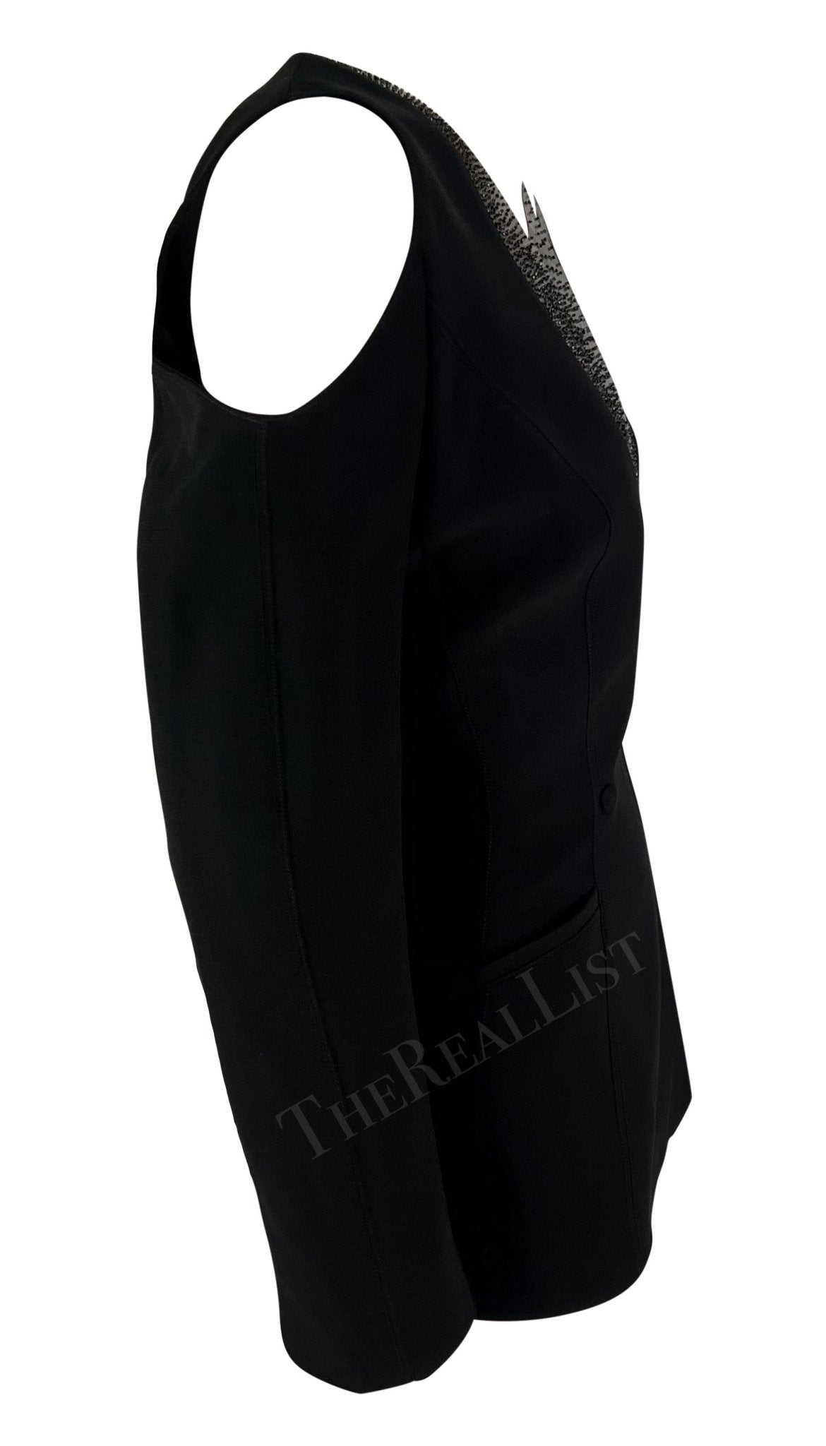 S/S 2001 Thierry Mugler Runway Beaded PVC Cutout Black Plunging Blazer - RealList