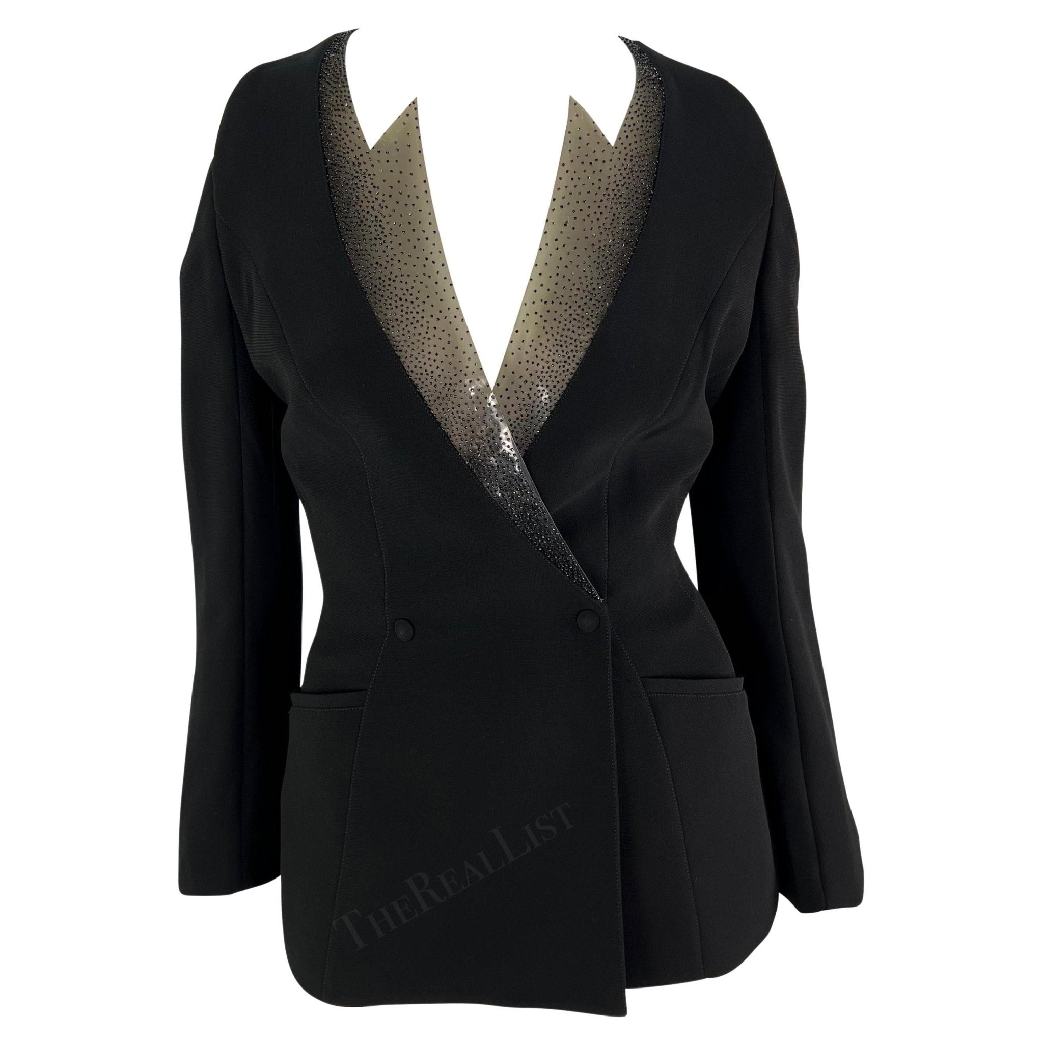 S/S 2001 Thierry Mugler Runway Beaded PVC Cutout Black Plunging Blazer - RealList