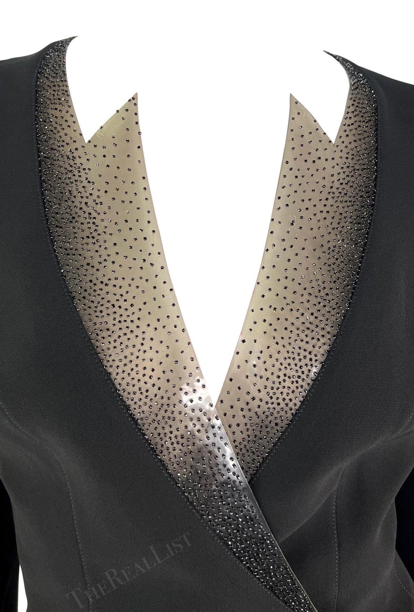 S/S 2001 Thierry Mugler Runway Beaded PVC Cutout Black Plunging Blazer - RealList