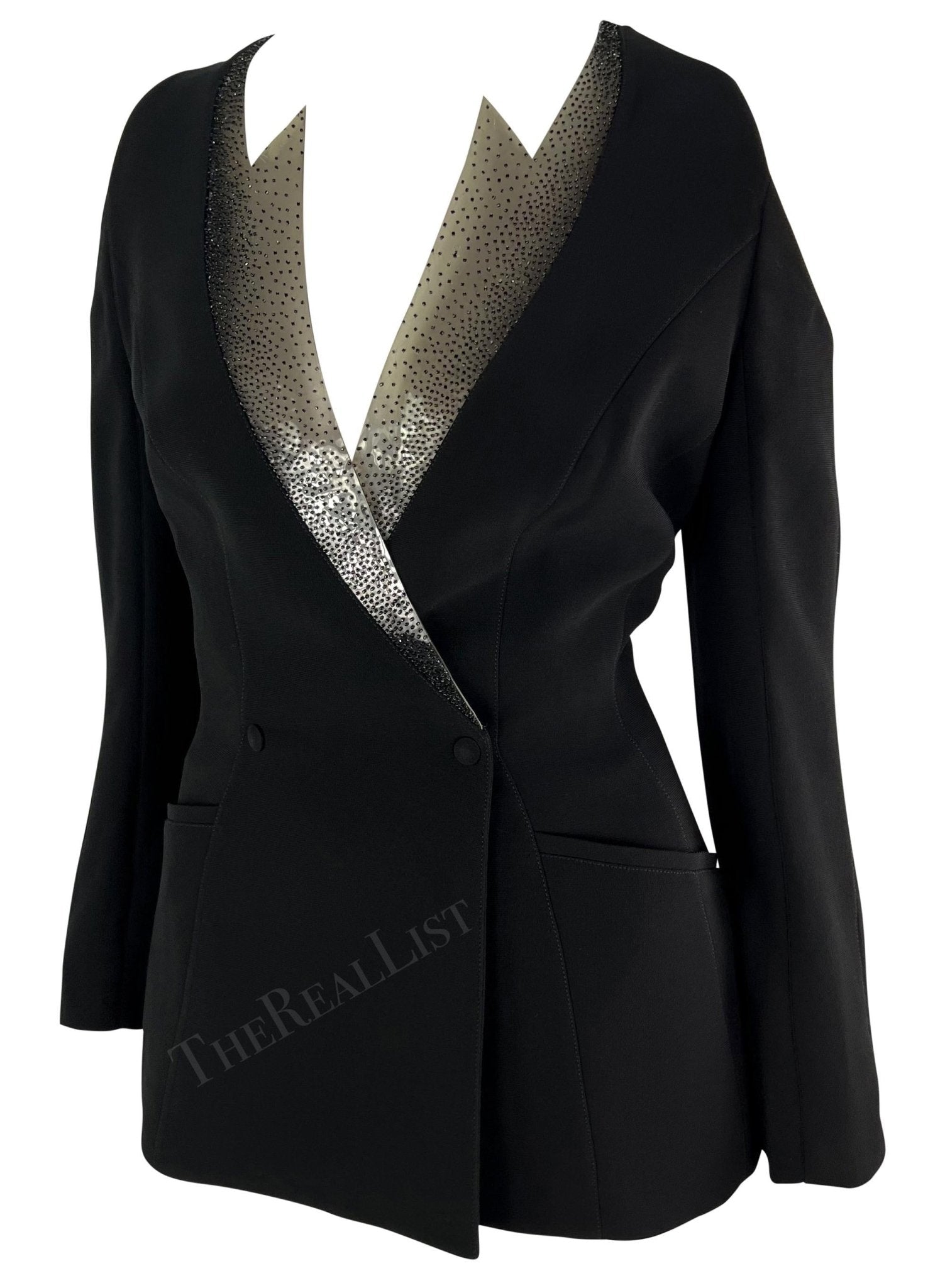 S/S 2001 Thierry Mugler Runway Beaded PVC Cutout Black Plunging Blazer - RealList