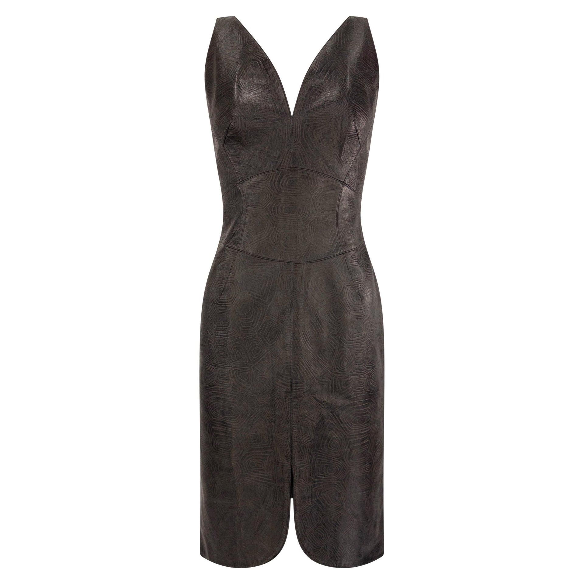S/S 2001 Thierry Mugler Runway Brown Textured Leather Sleeveless Dress - RealList