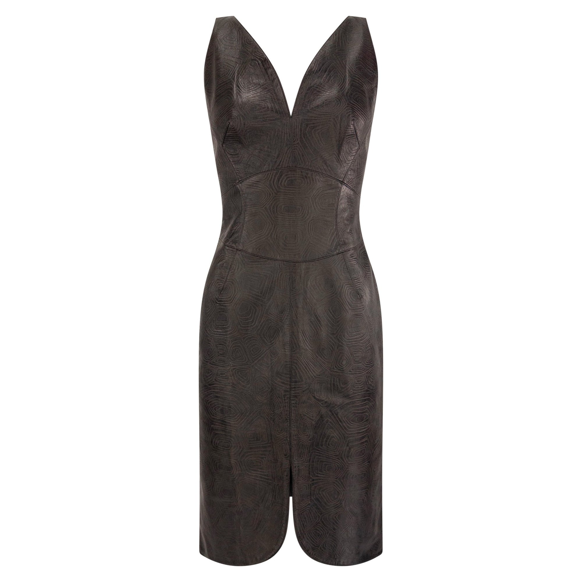 S/S 2001 Thierry Mugler Runway Brown Textured Leather Sleeveless Dress - RealList
