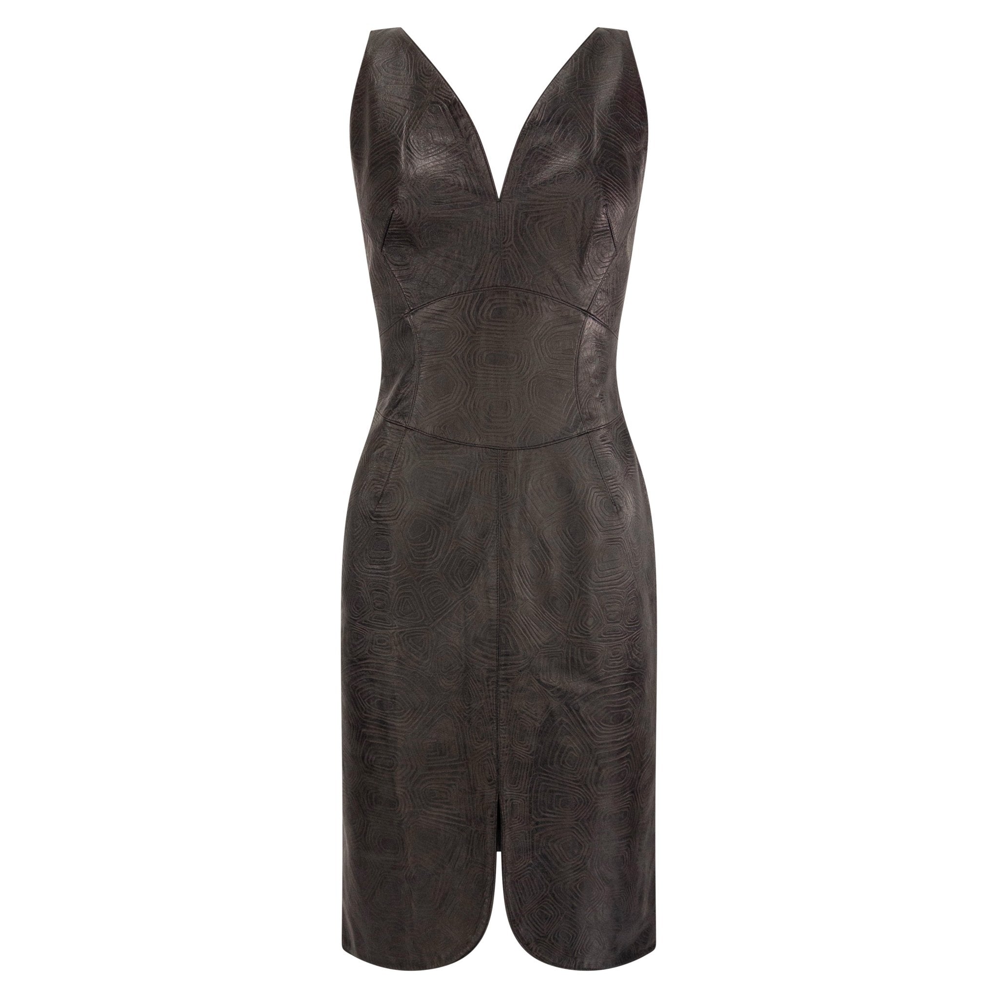 S/S 2001 Thierry Mugler Runway Brown Textured Leather Sleeveless Dress - RealList