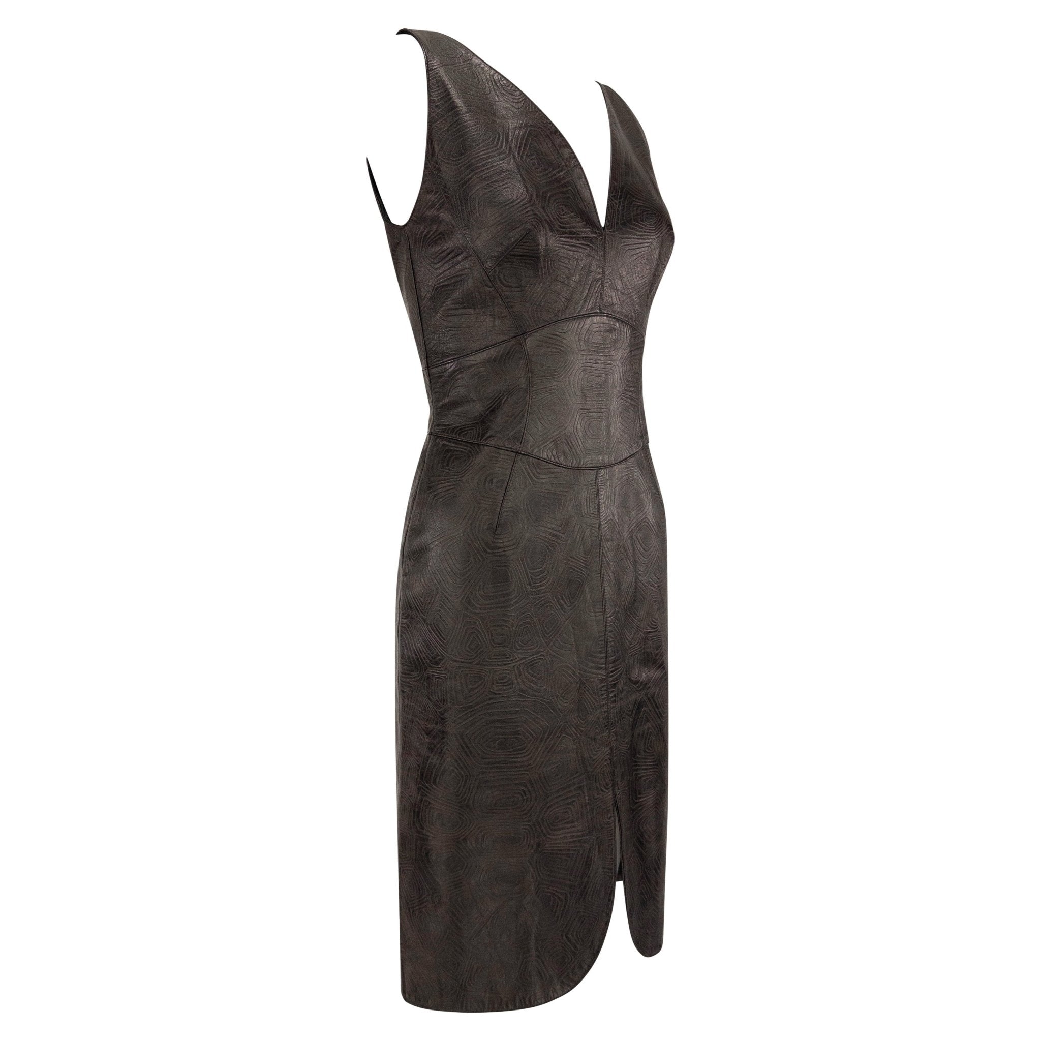 S/S 2001 Thierry Mugler Runway Brown Textured Leather Sleeveless Dress - RealList