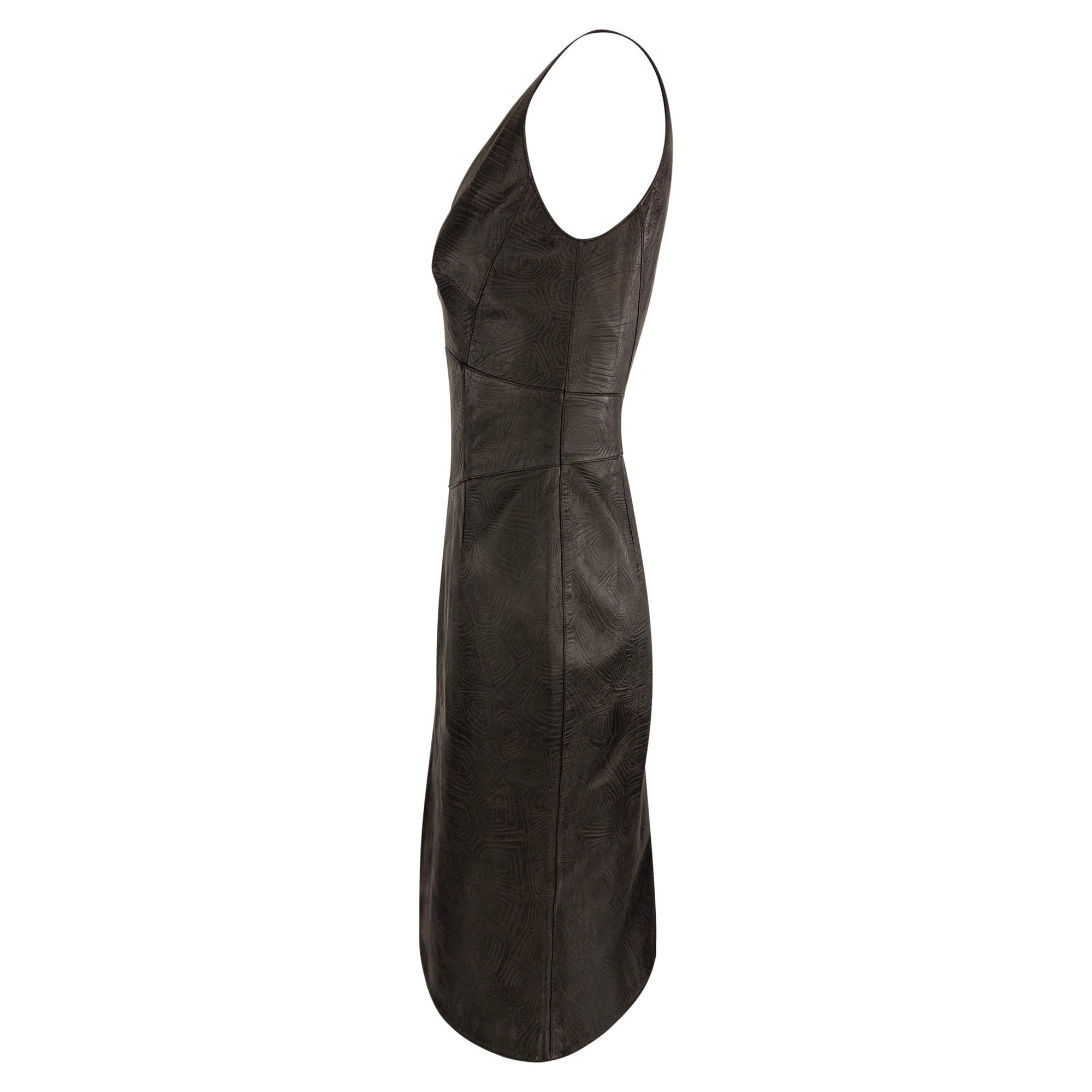 S/S 2001 Thierry Mugler Runway Brown Textured Leather Sleeveless Dress - RealList