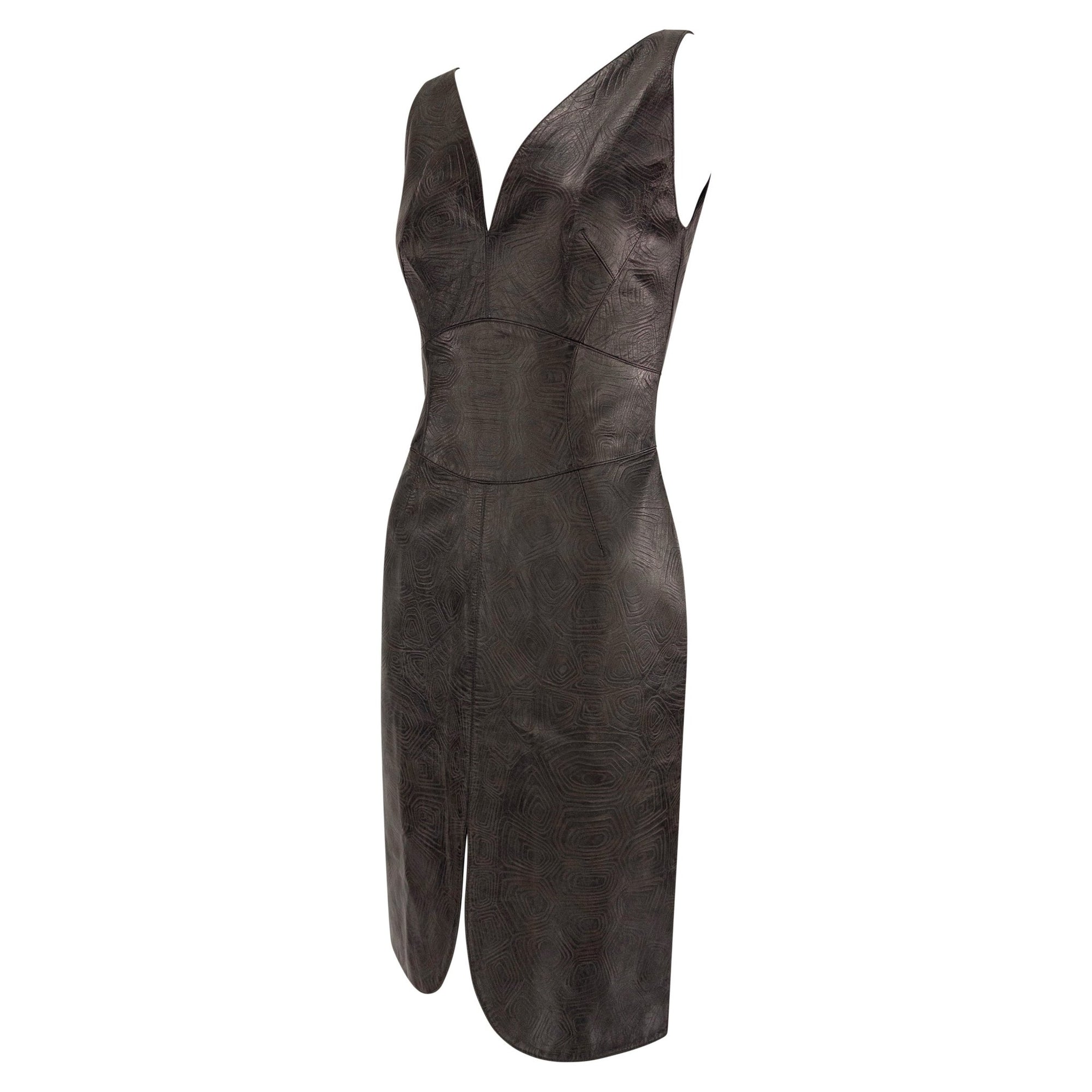 S/S 2001 Thierry Mugler Runway Brown Textured Leather Sleeveless Dress - RealList