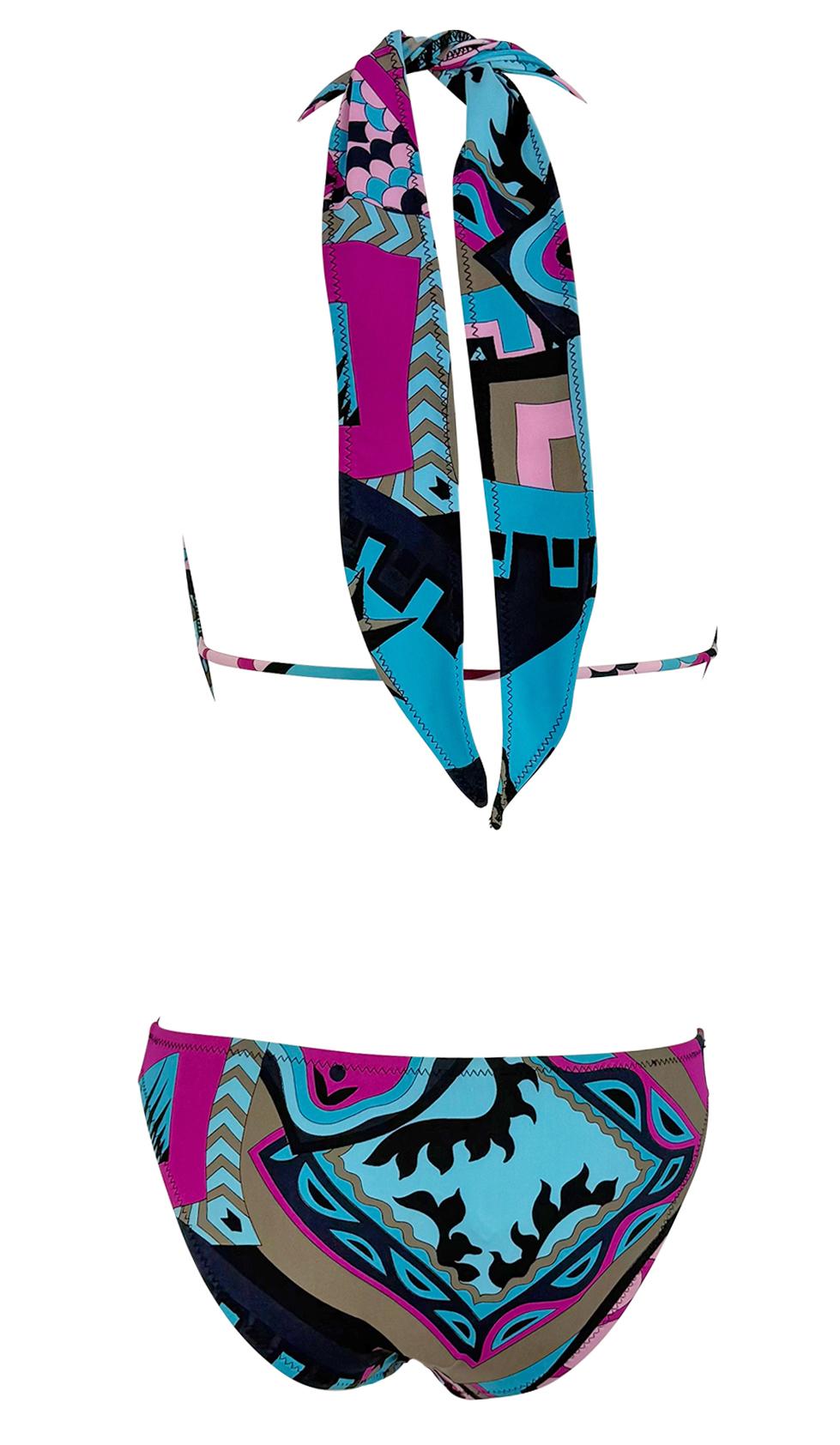 S/S 2001 Yigal Azrouël Runway Plunging Halter Pink Blue One - Piece Swimsuit - RealList