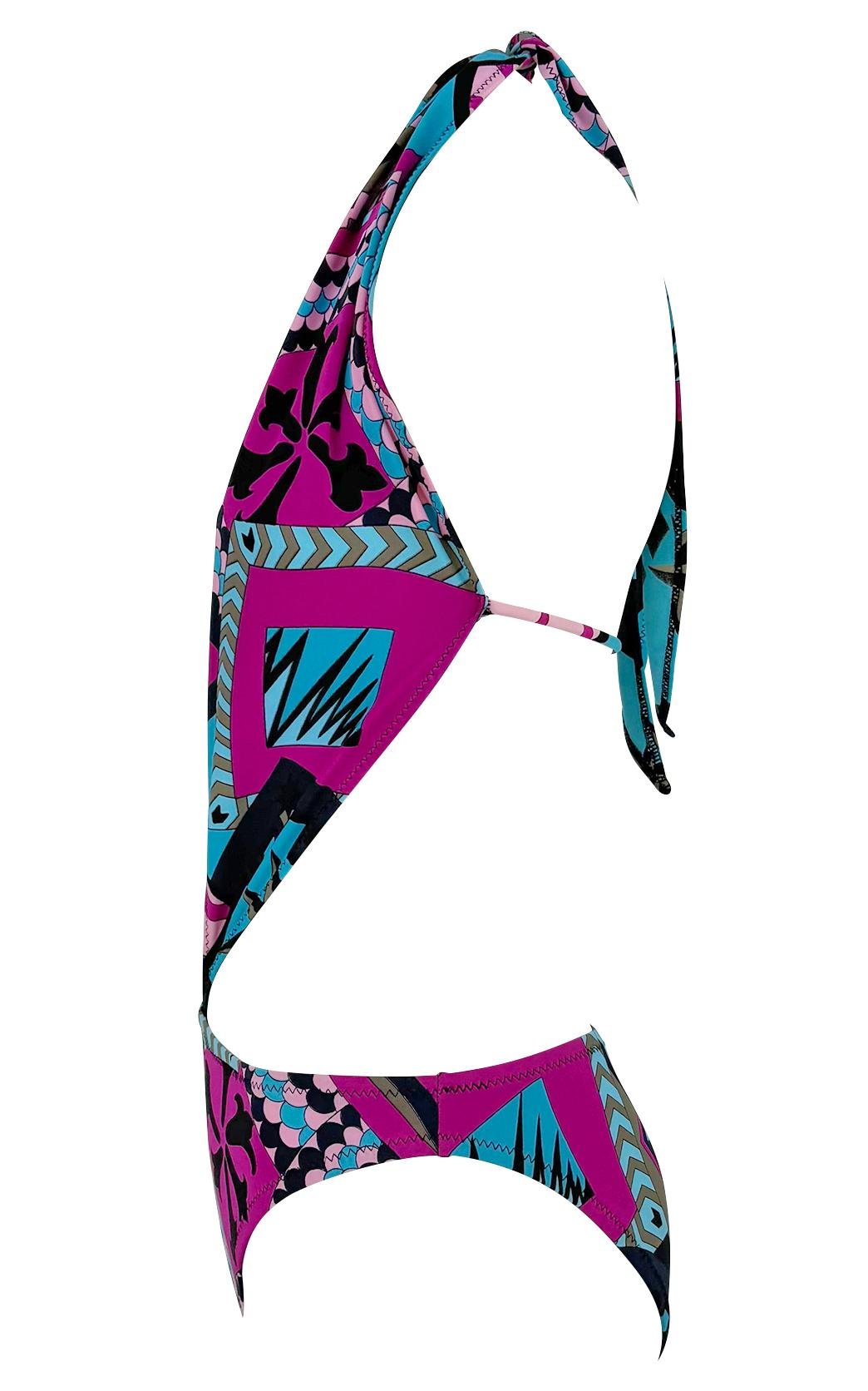 S/S 2001 Yigal Azrouël Runway Plunging Halter Pink Blue One - Piece Swimsuit - RealList