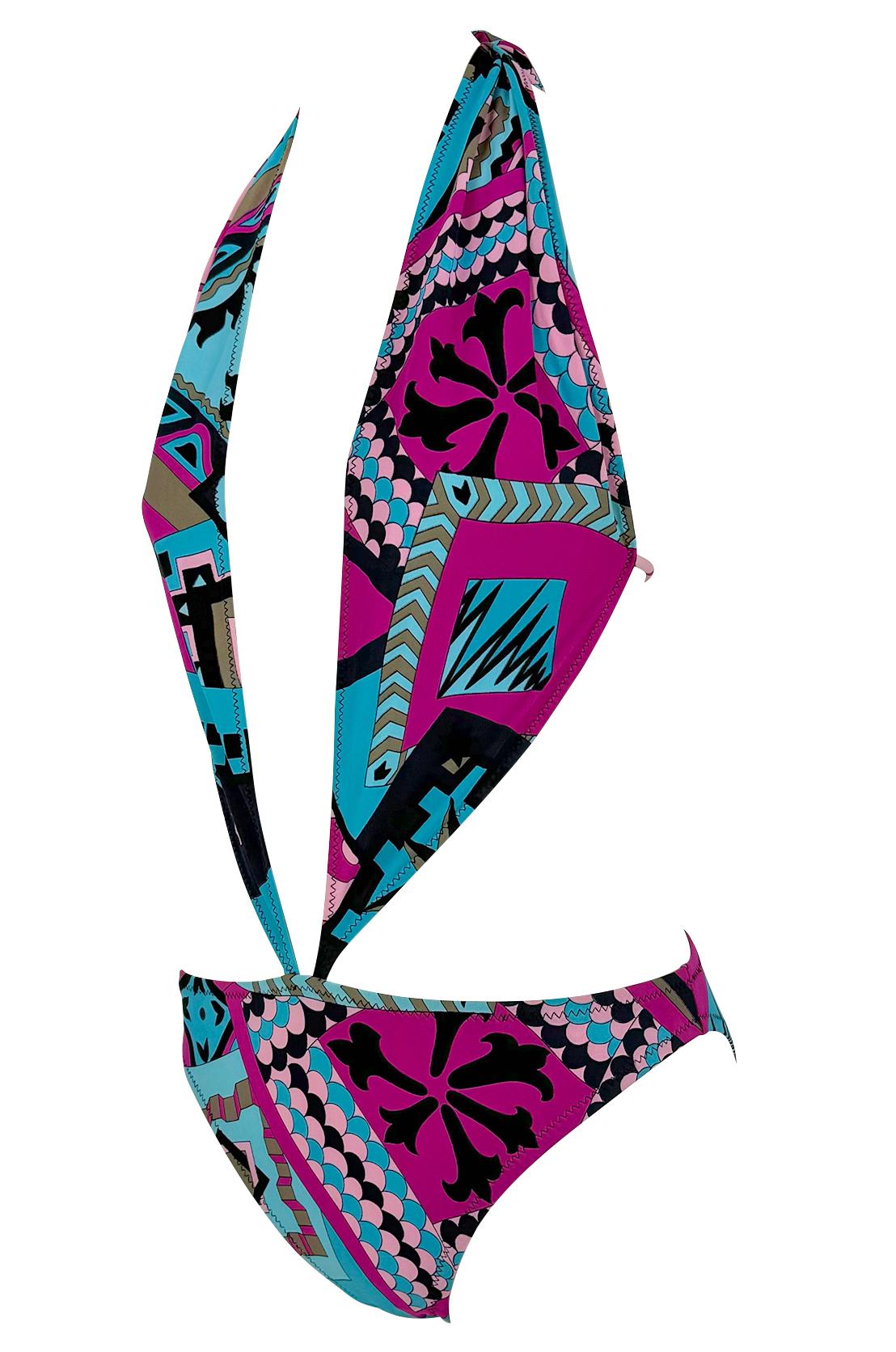 S/S 2001 Yigal Azrouël Runway Plunging Halter Pink Blue One - Piece Swimsuit - RealList