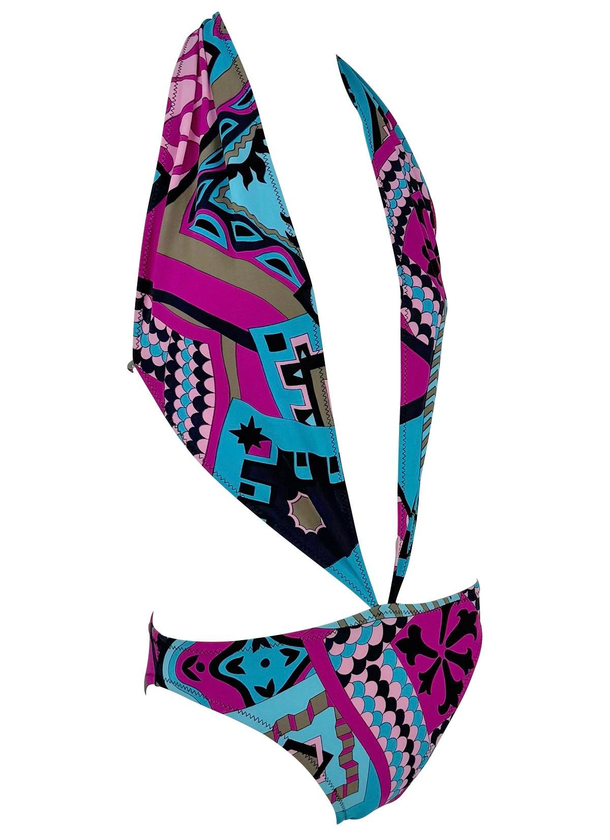 S/S 2001 Yigal Azrouël Runway Plunging Halter Pink Blue One - Piece Swimsuit - RealList