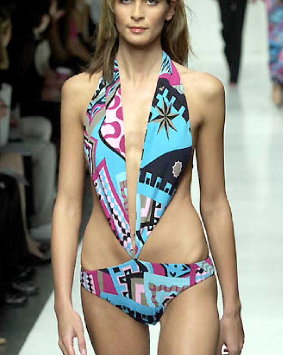 S/S 2001 Yigal Azrouël Runway Plunging Halter Pink Blue One - Piece Swimsuit - RealList