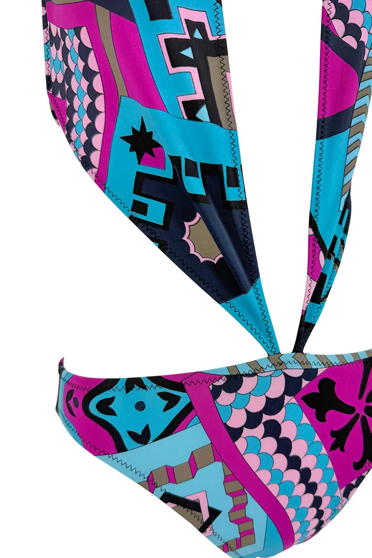 S/S 2001 Yigal Azrouël Runway Plunging Halter Pink Blue One - Piece Swimsuit - RealList