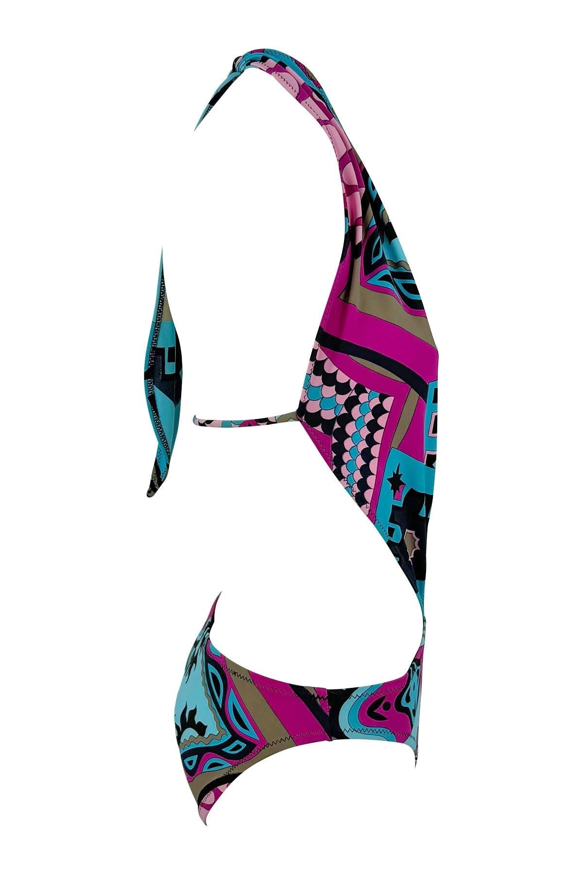 S/S 2001 Yigal Azrouël Runway Plunging Halter Pink Blue One - Piece Swimsuit - RealList