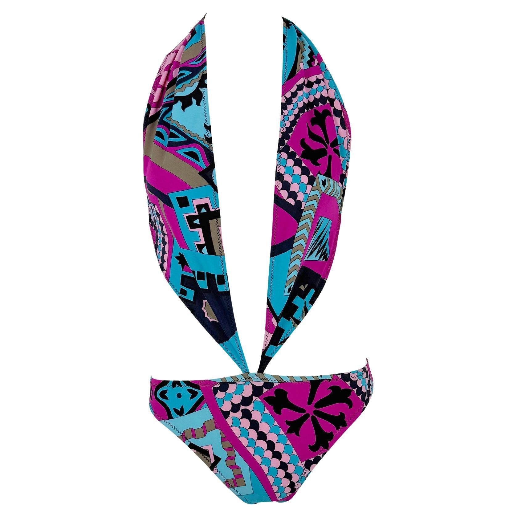 S/S 2001 Yigal Azrouël Runway Plunging Halter Pink Blue One - Piece Swimsuit - RealList