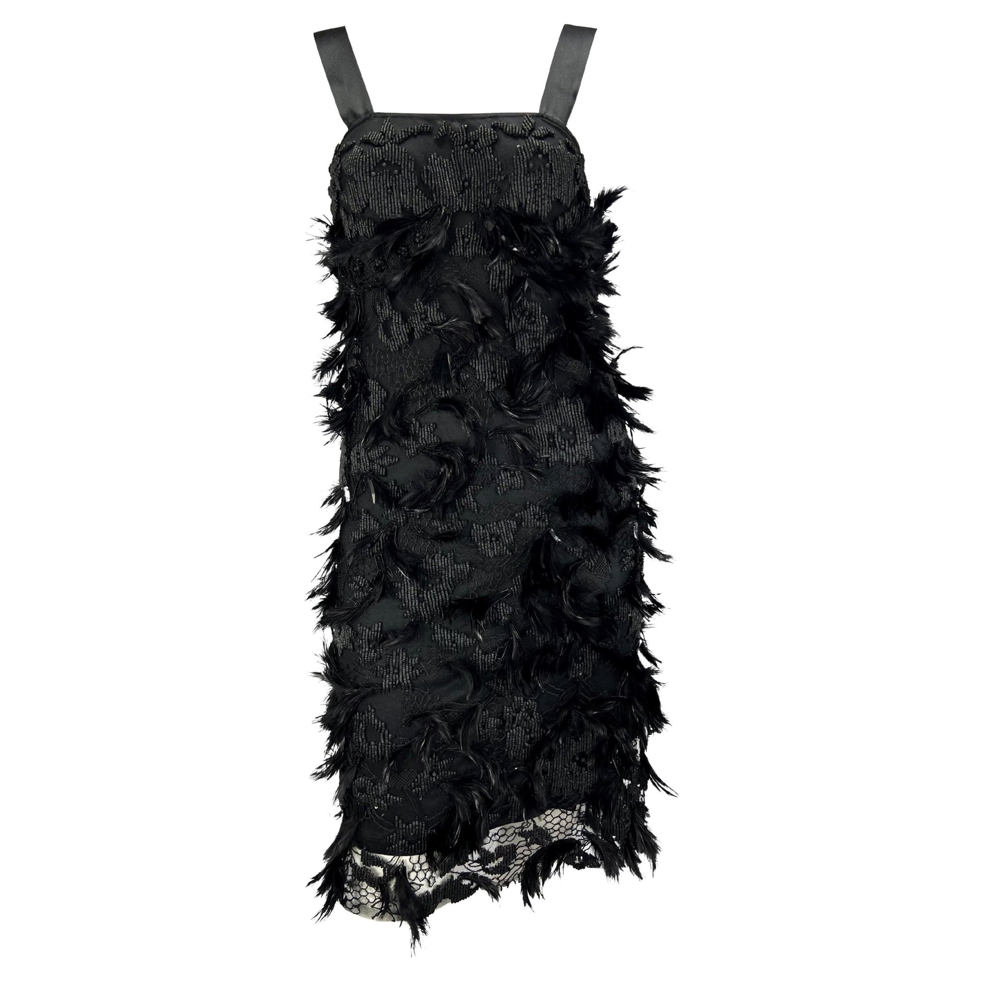 S/S 2001 Yves Saint Laurent by Tom Ford Runway Feather Beaded Ribbon Dress - RealList