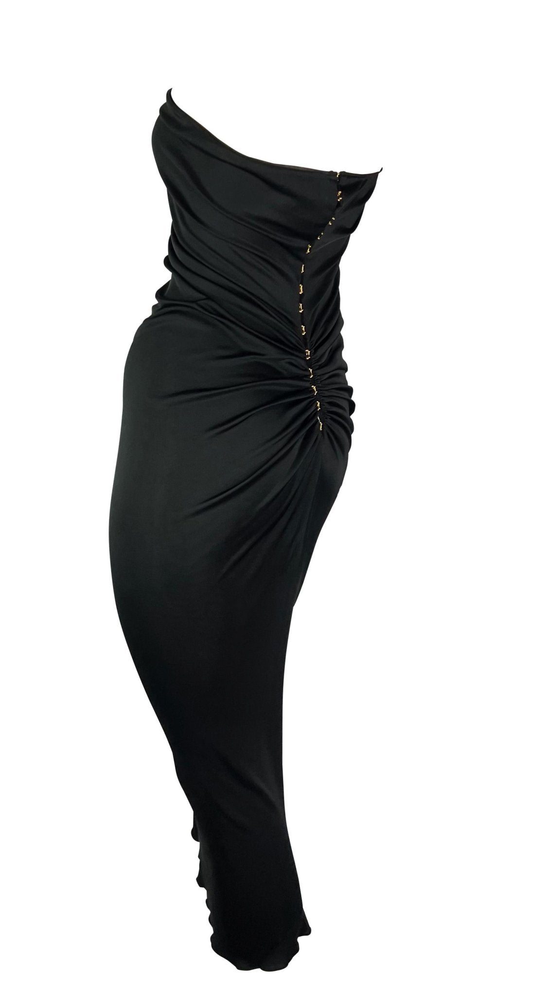 S/S 2001 Yves Saint Laurent by Tom Ford Sheer Black Gold Hook Strapless Dress - RealList