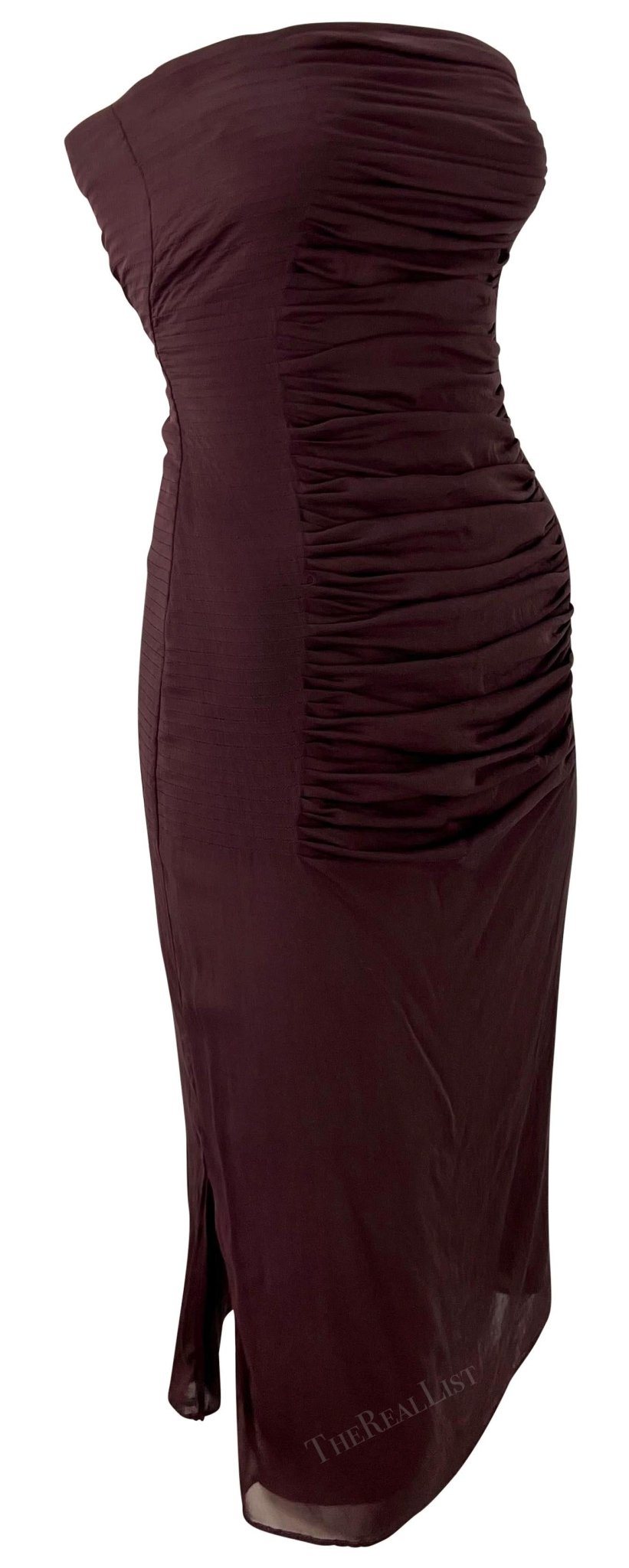 S/S 2001 Yves Saint Laurent by Tom Ford Sheer Maroon Pleat Strapless Mini Dress - RealList