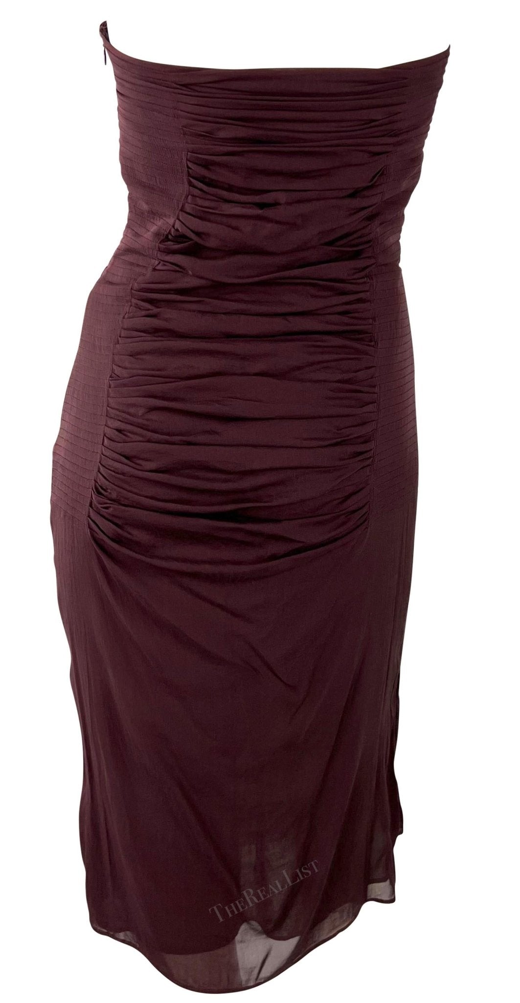 S/S 2001 Yves Saint Laurent by Tom Ford Sheer Maroon Pleat Strapless Mini Dress - RealList