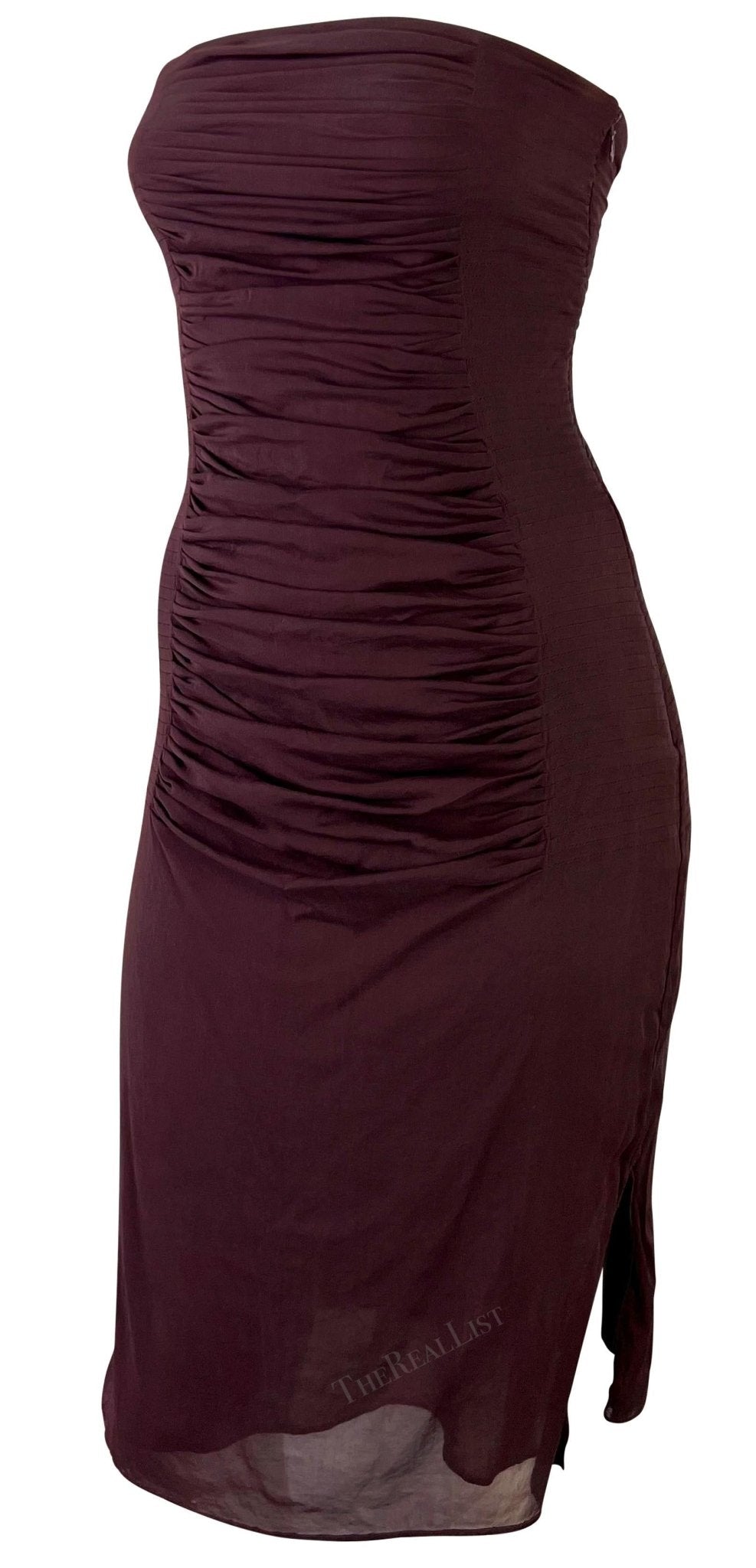 S/S 2001 Yves Saint Laurent by Tom Ford Sheer Maroon Pleat Strapless Mini Dress - RealList