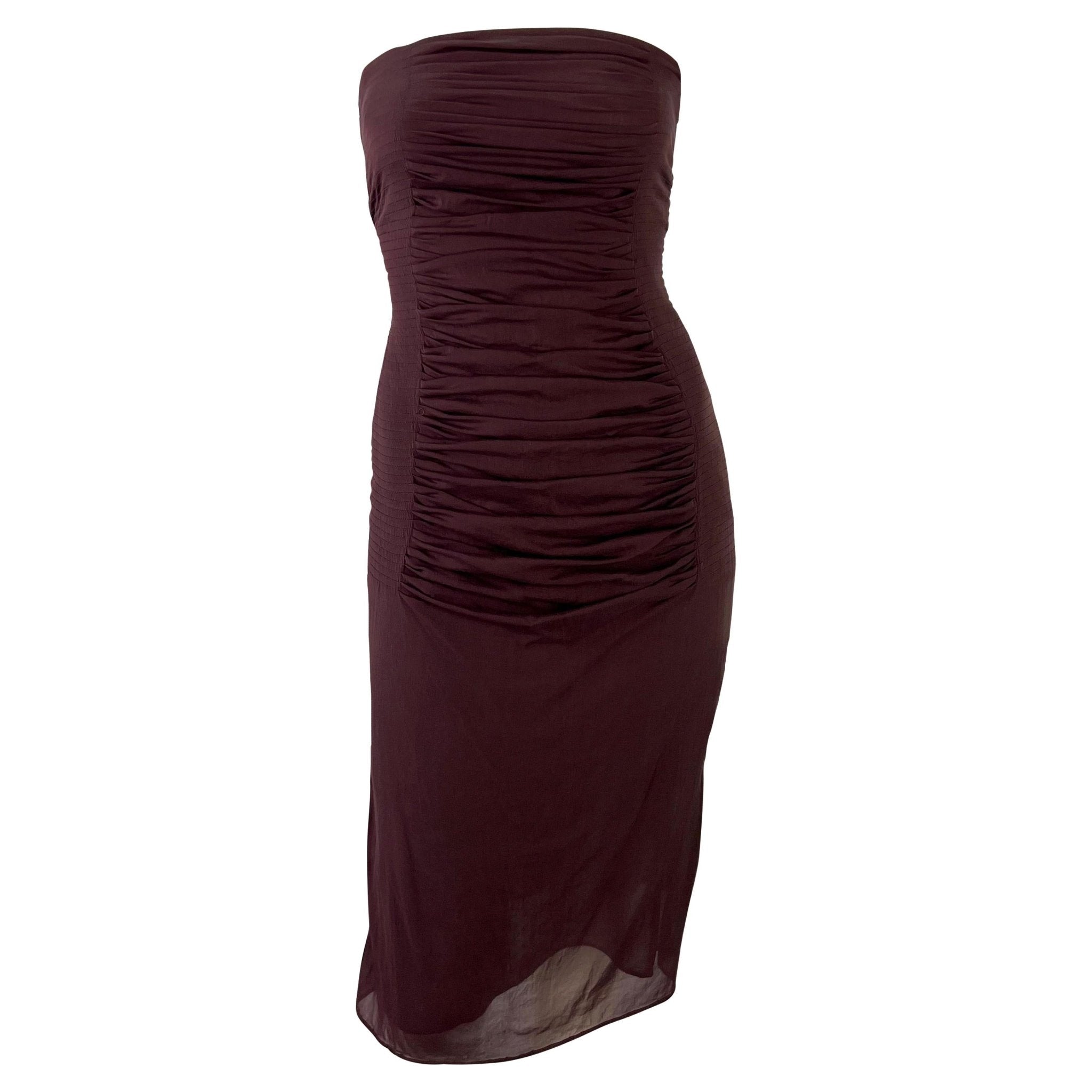 S/S 2001 Yves Saint Laurent by Tom Ford Sheer Maroon Pleat Strapless Mini Dress - RealList