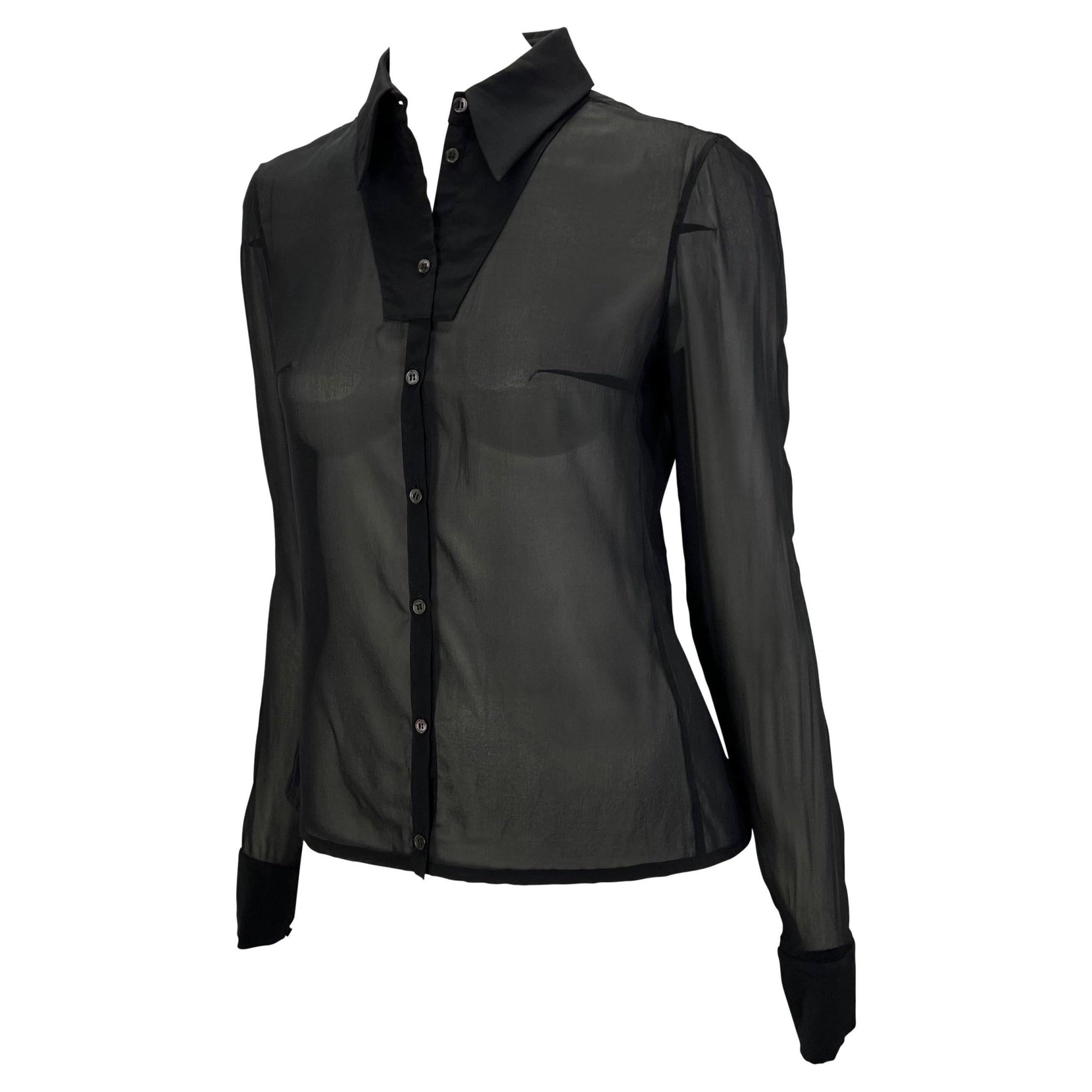 S/S 2001 Yves Saint Laurent by Tom Ford Sheer Stretch Silk Zip Sleeve Button Up Top - RealList