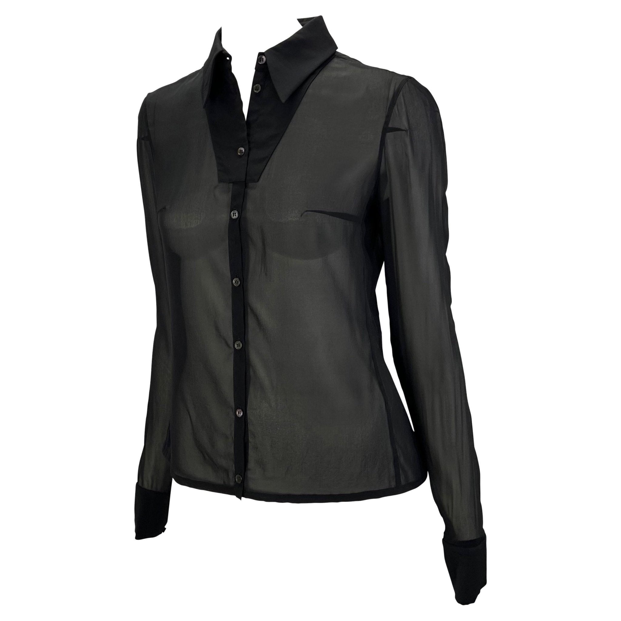 S/S 2001 Yves Saint Laurent by Tom Ford Sheer Stretch Silk Zip Sleeve Button Up Top - RealList