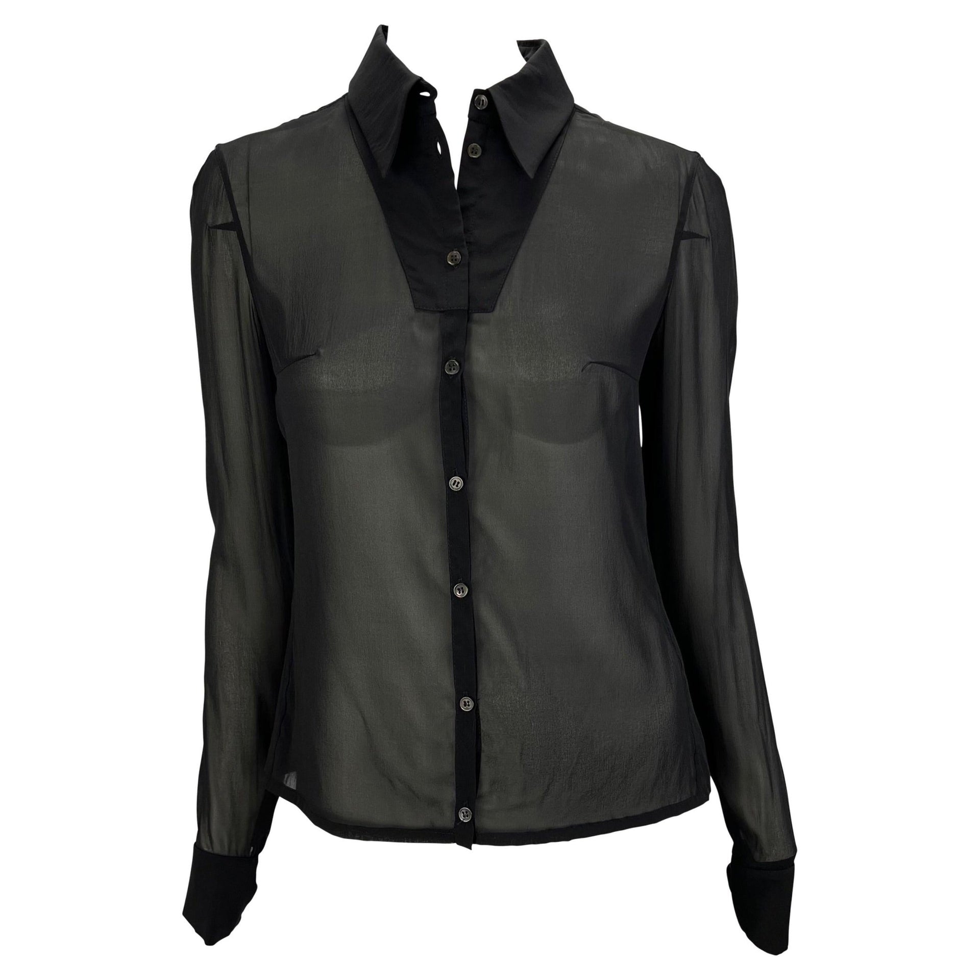 S/S 2001 Yves Saint Laurent by Tom Ford Sheer Stretch Silk Zip Sleeve Button Up Top - RealList