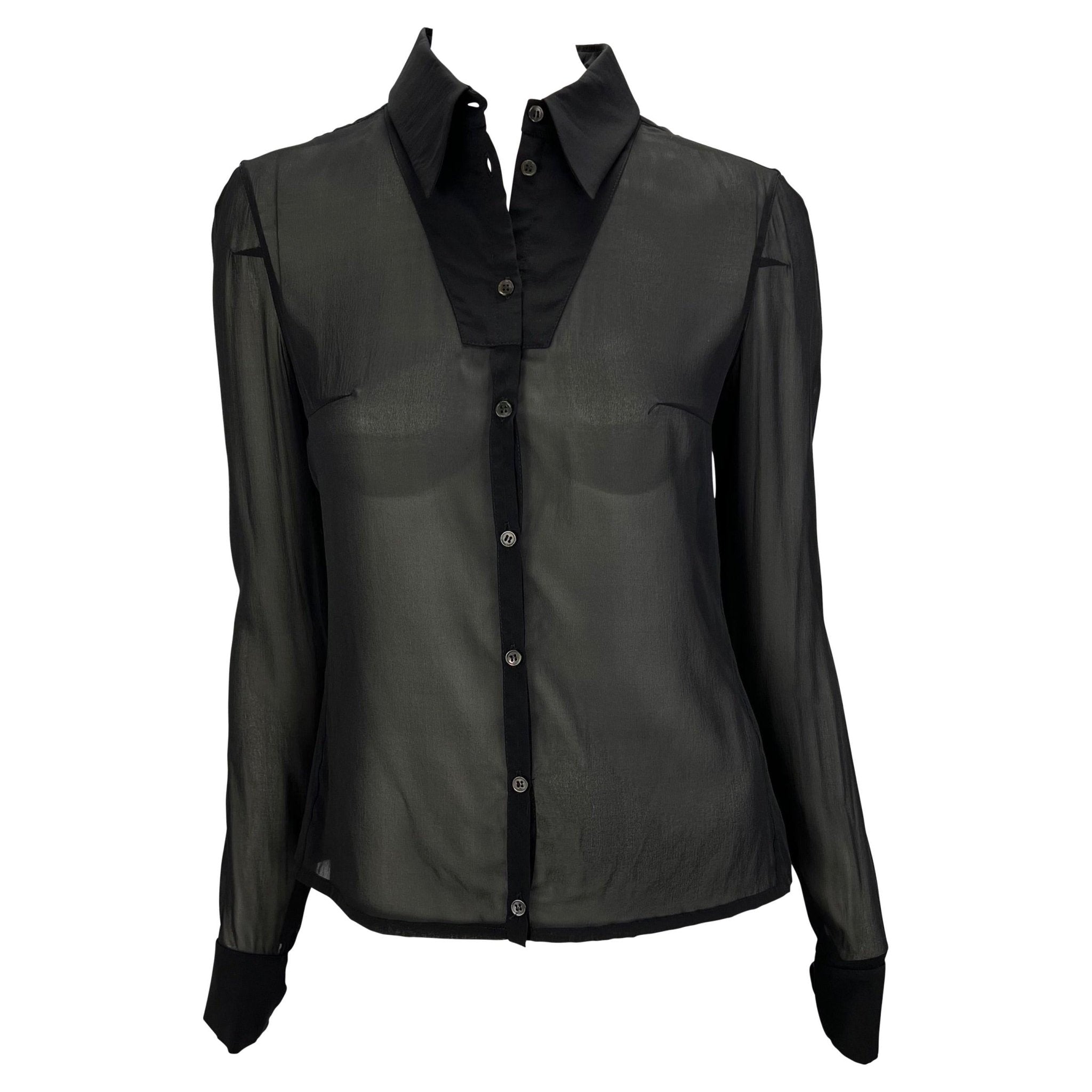 S/S 2001 Yves Saint Laurent by Tom Ford Sheer Stretch Silk Zip Sleeve Button Up Top - RealList