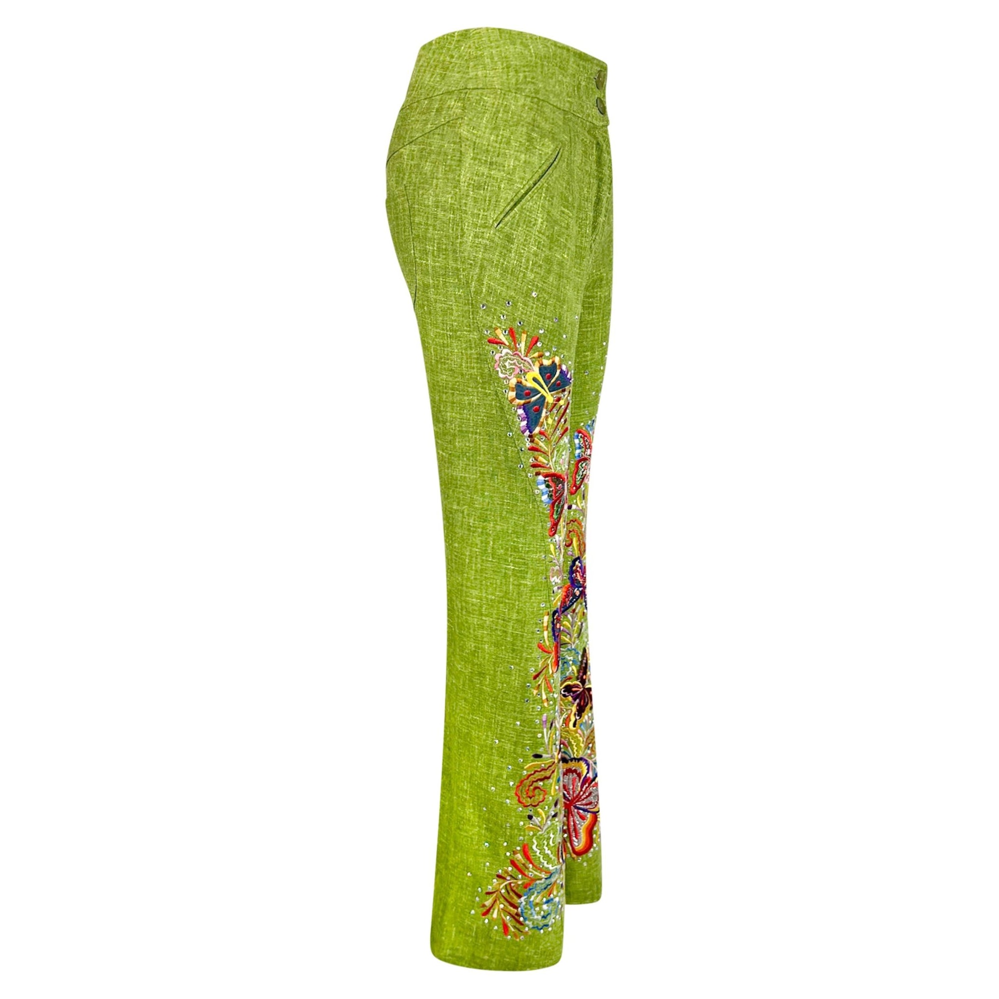 S/S 2002 Christian Dior by John Galliano Green Butterfly Embellished Pants - RealList
