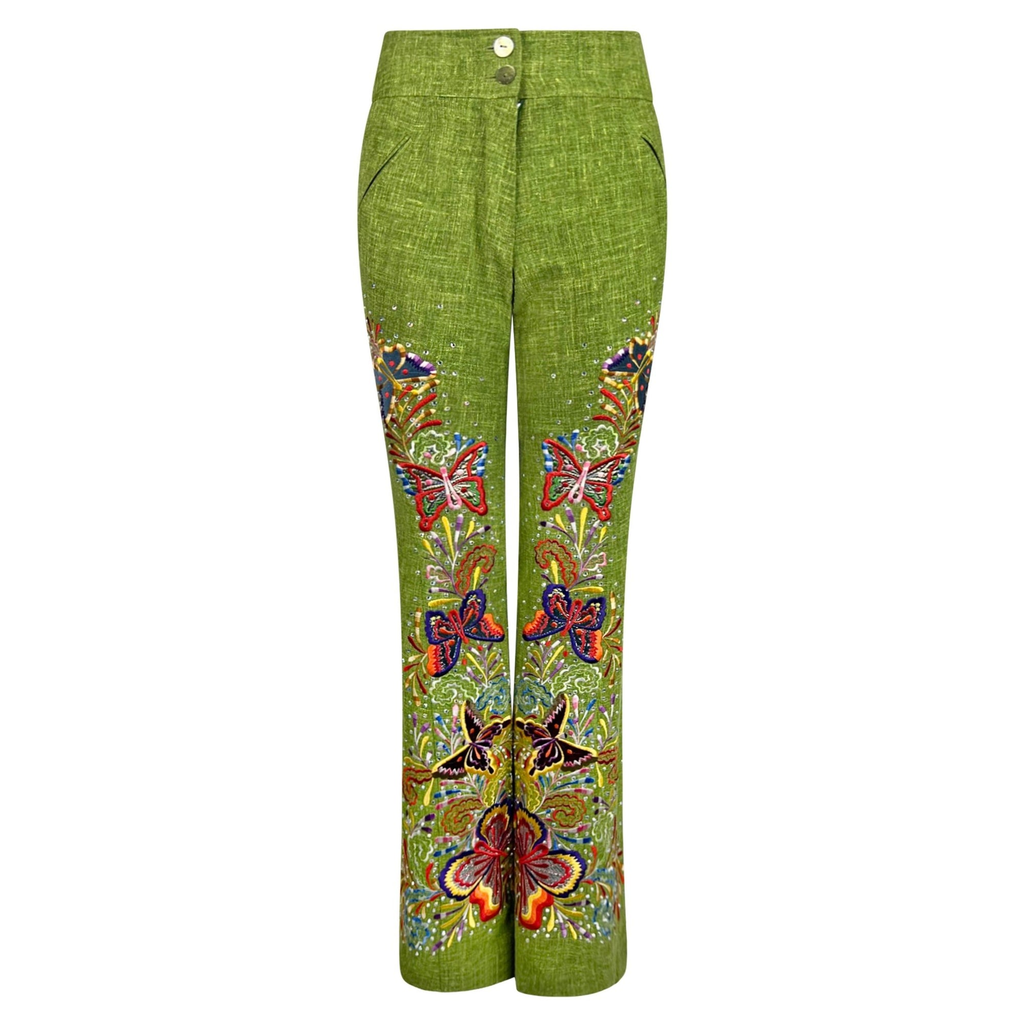 S/S 2002 Christian Dior by John Galliano Green Butterfly Embellished Pants - RealList