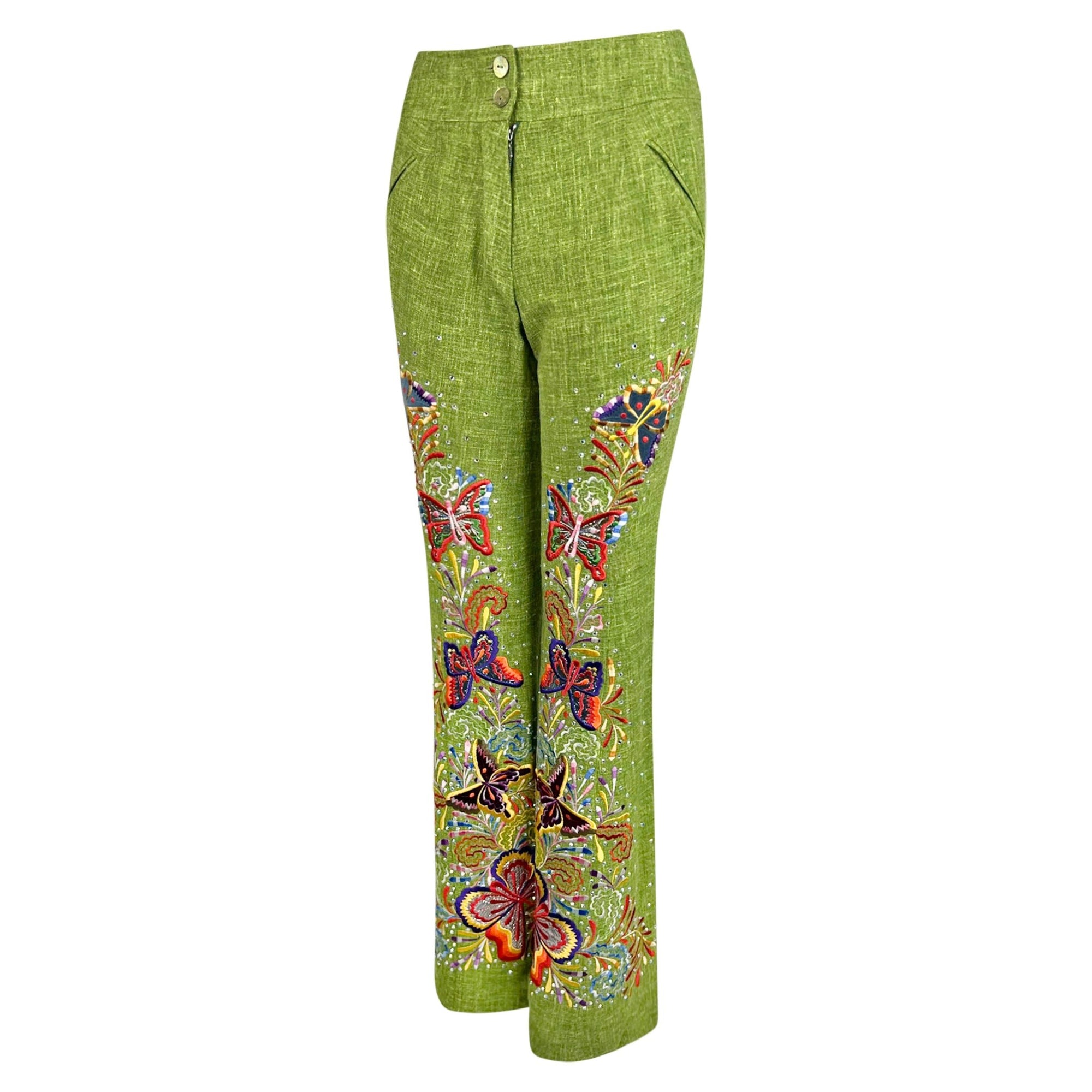S/S 2002 Christian Dior by John Galliano Green Butterfly Embellished Pants - RealList