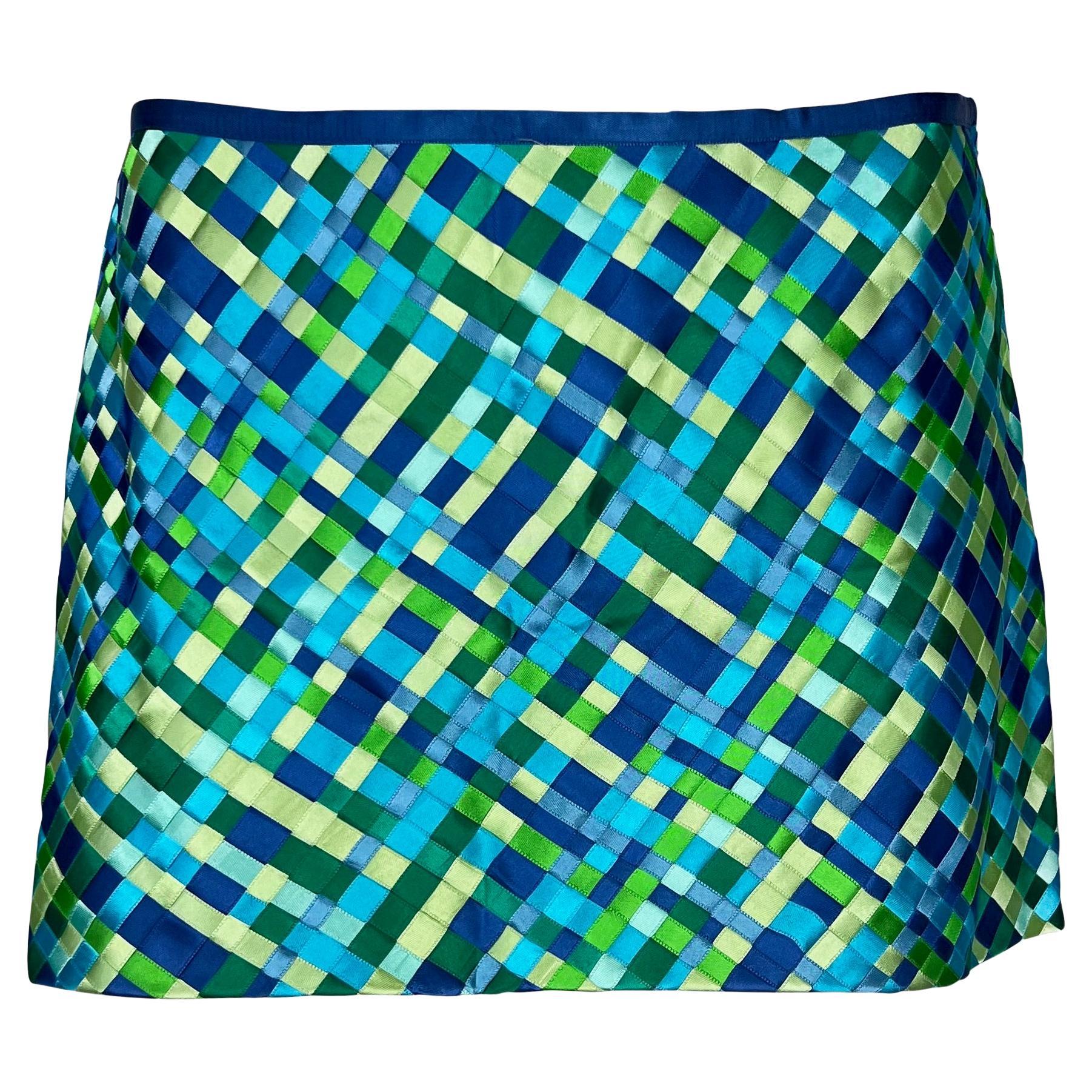 S/S 2002 Dolce & Gabbana Runway Blue Green Satin Woven Ribbon Mini Skirt Y2K - RealList