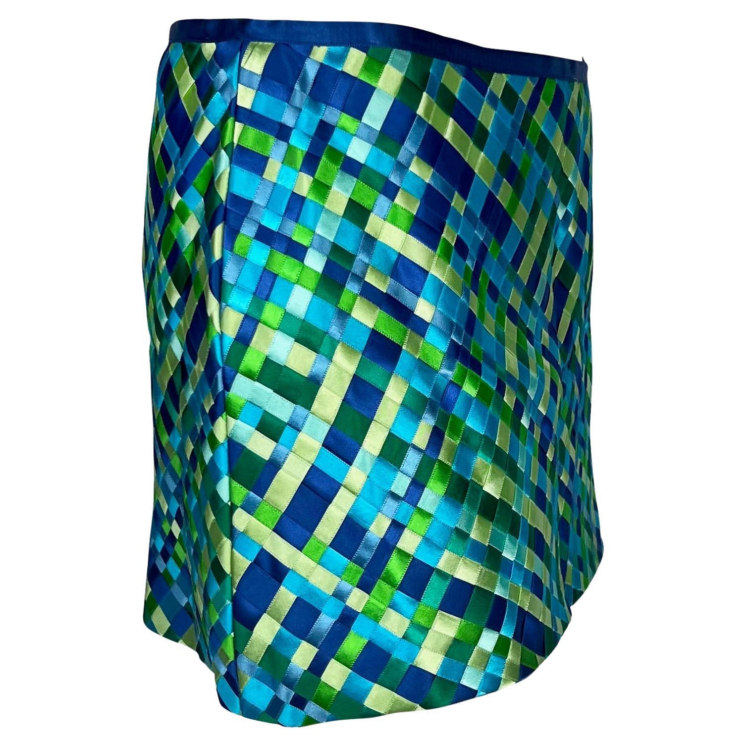 S/S 2002 Dolce & Gabbana Runway Blue Green Satin Woven Ribbon Mini Skirt Y2K - RealList