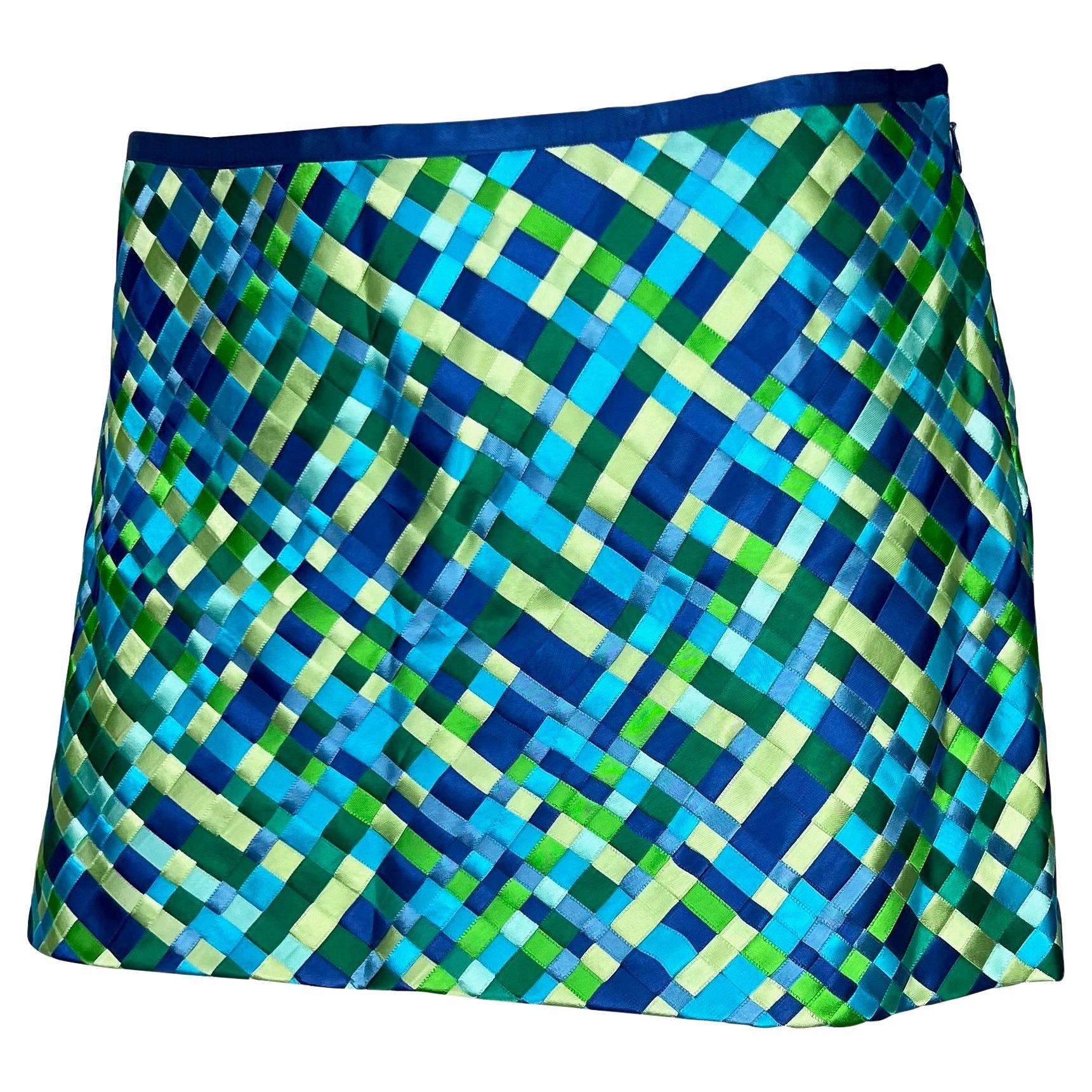 S/S 2002 Dolce & Gabbana Runway Blue Green Satin Woven Ribbon Mini Skirt Y2K - RealList