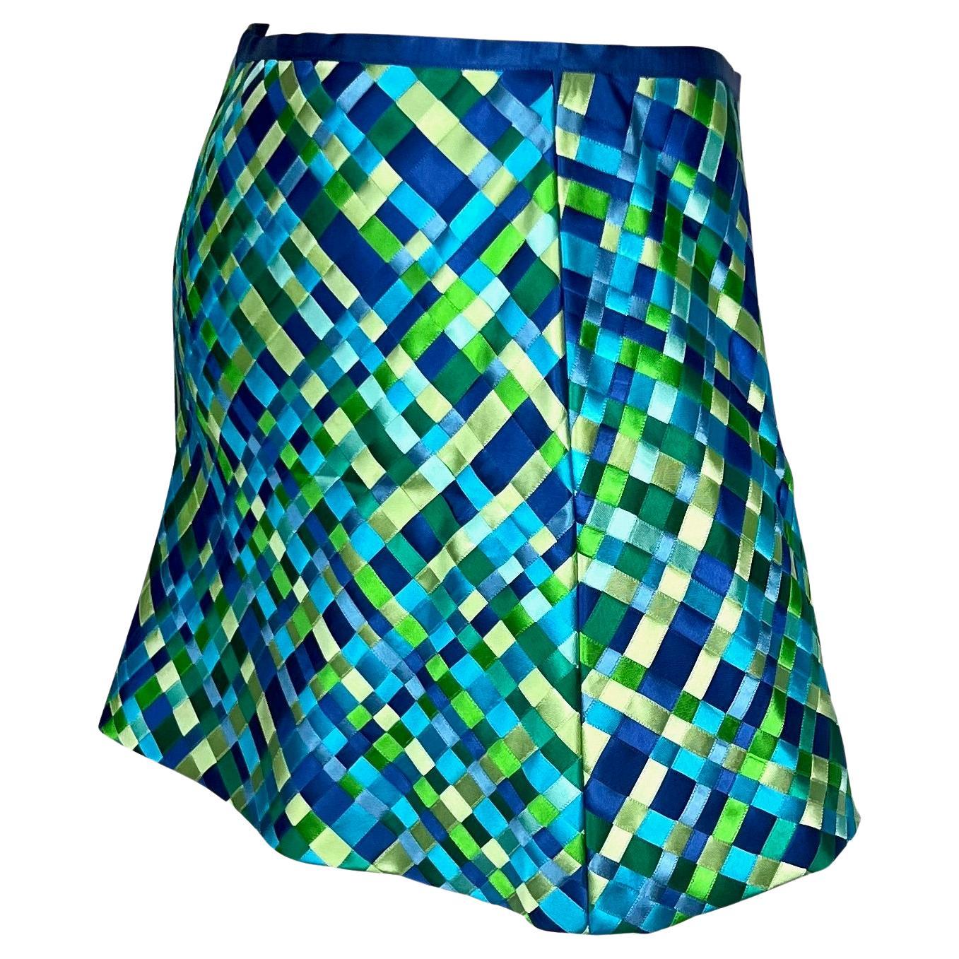 S/S 2002 Dolce & Gabbana Runway Blue Green Satin Woven Ribbon Mini Skirt Y2K - RealList