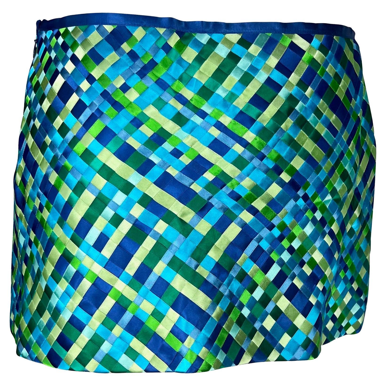 S/S 2002 Dolce & Gabbana Runway Blue Green Satin Woven Ribbon Mini Skirt Y2K - RealList
