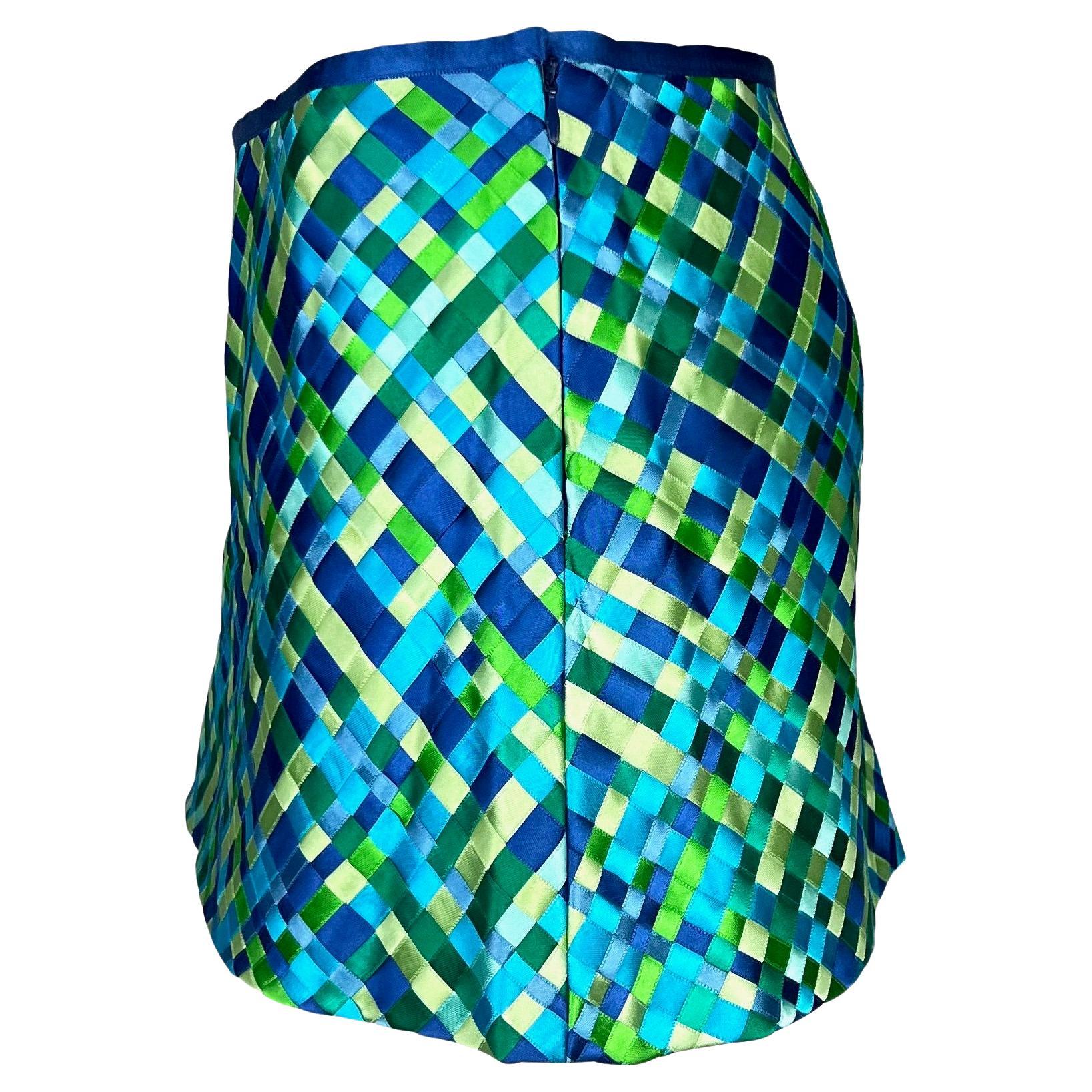 S/S 2002 Dolce & Gabbana Runway Blue Green Satin Woven Ribbon Mini Skirt Y2K - RealList