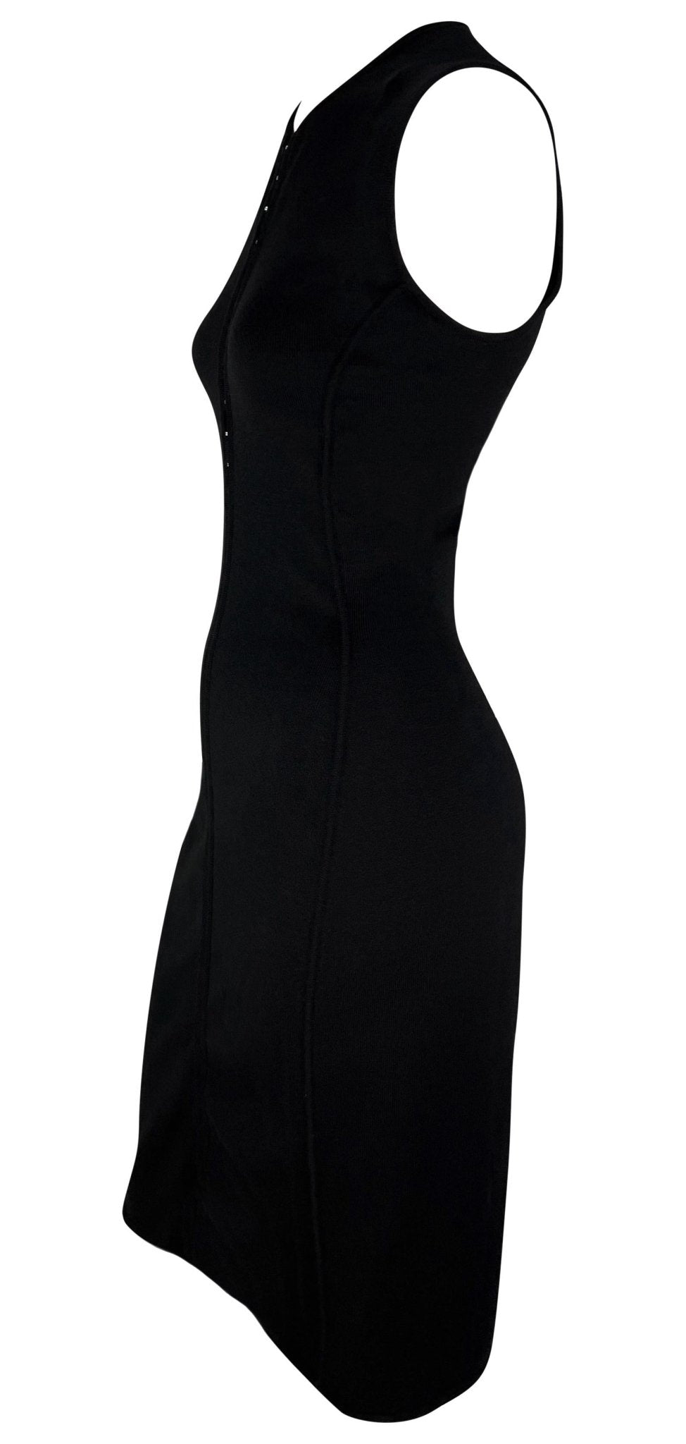 S/S 2002 Gianni Versace by Donatella Black Bodycon Hook Eye Plunging Knit Dress - RealList