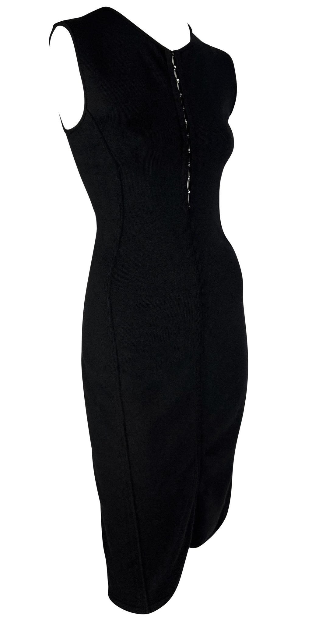 S/S 2002 Gianni Versace by Donatella Black Bodycon Hook Eye Plunging Knit Dress - RealList