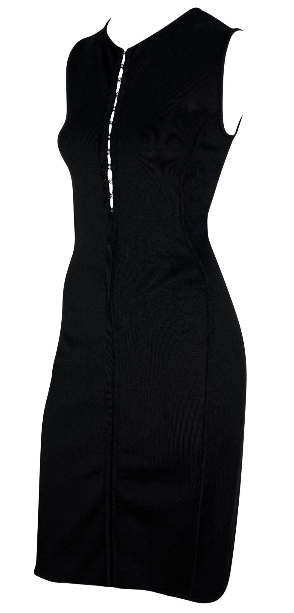 S/S 2002 Gianni Versace by Donatella Black Bodycon Hook Eye Plunging Knit Dress - RealList