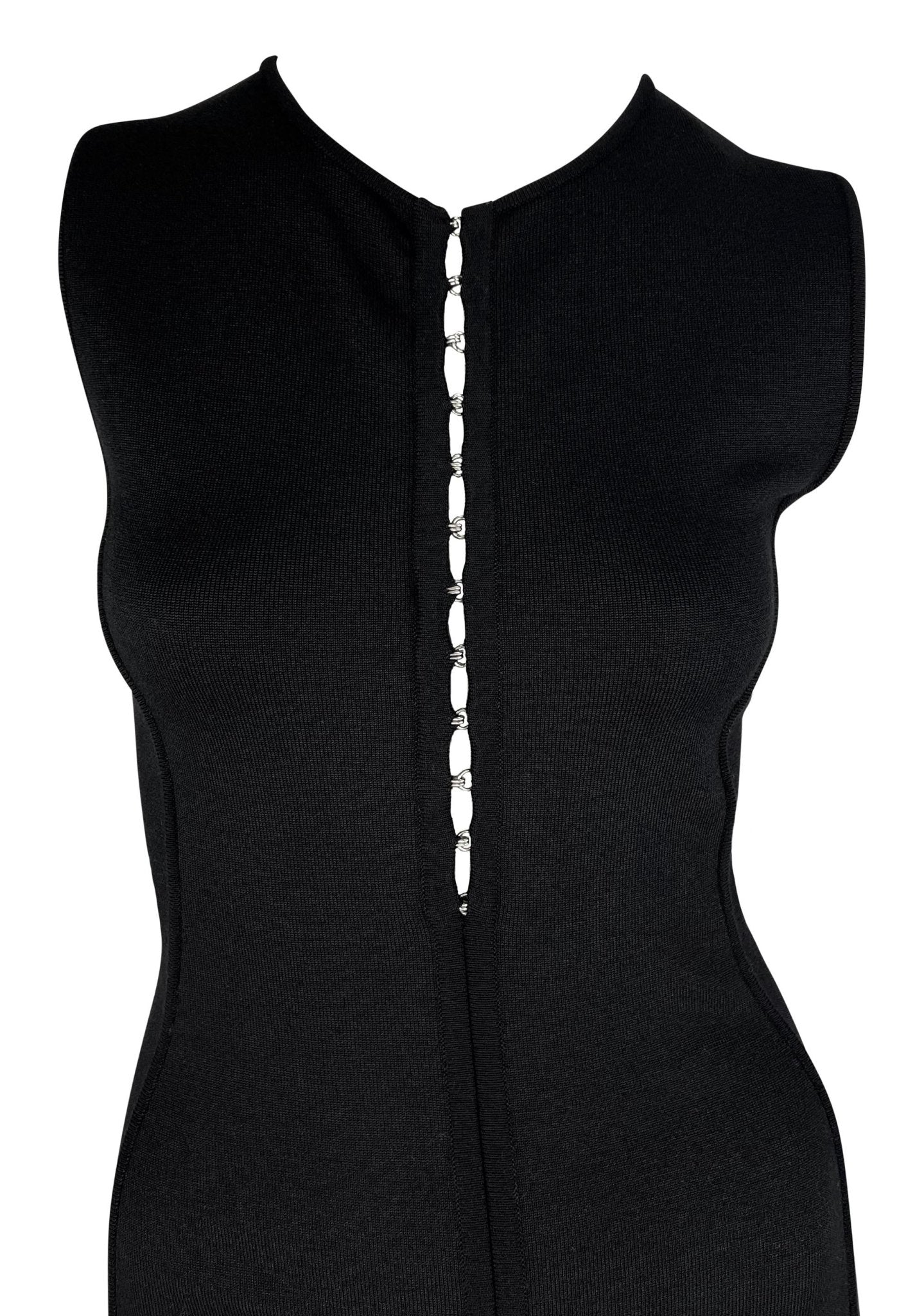 S/S 2002 Gianni Versace by Donatella Black Bodycon Hook Eye Plunging Knit Dress - RealList