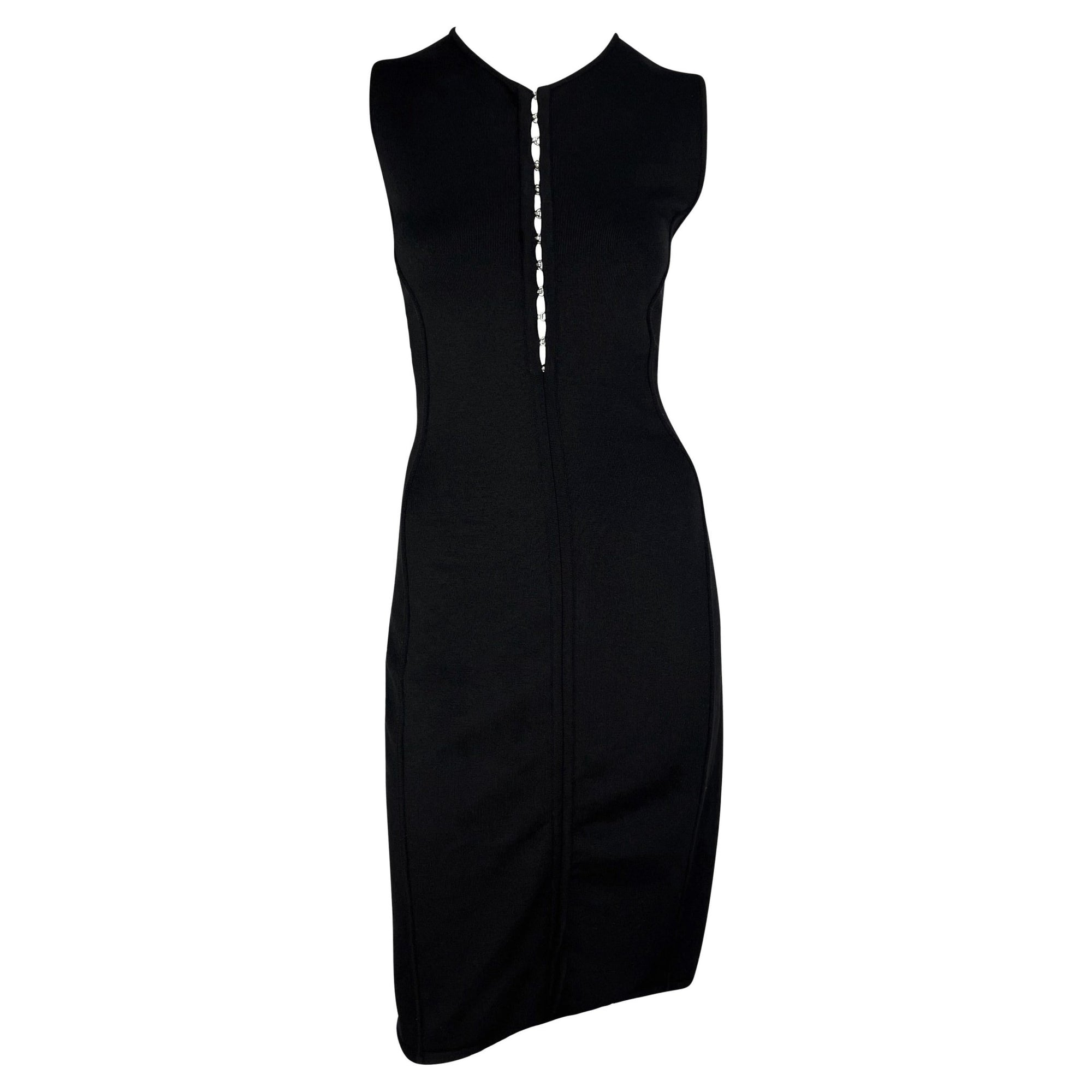 S/S 2002 Gianni Versace by Donatella Black Bodycon Hook Eye Plunging Knit Dress - RealList