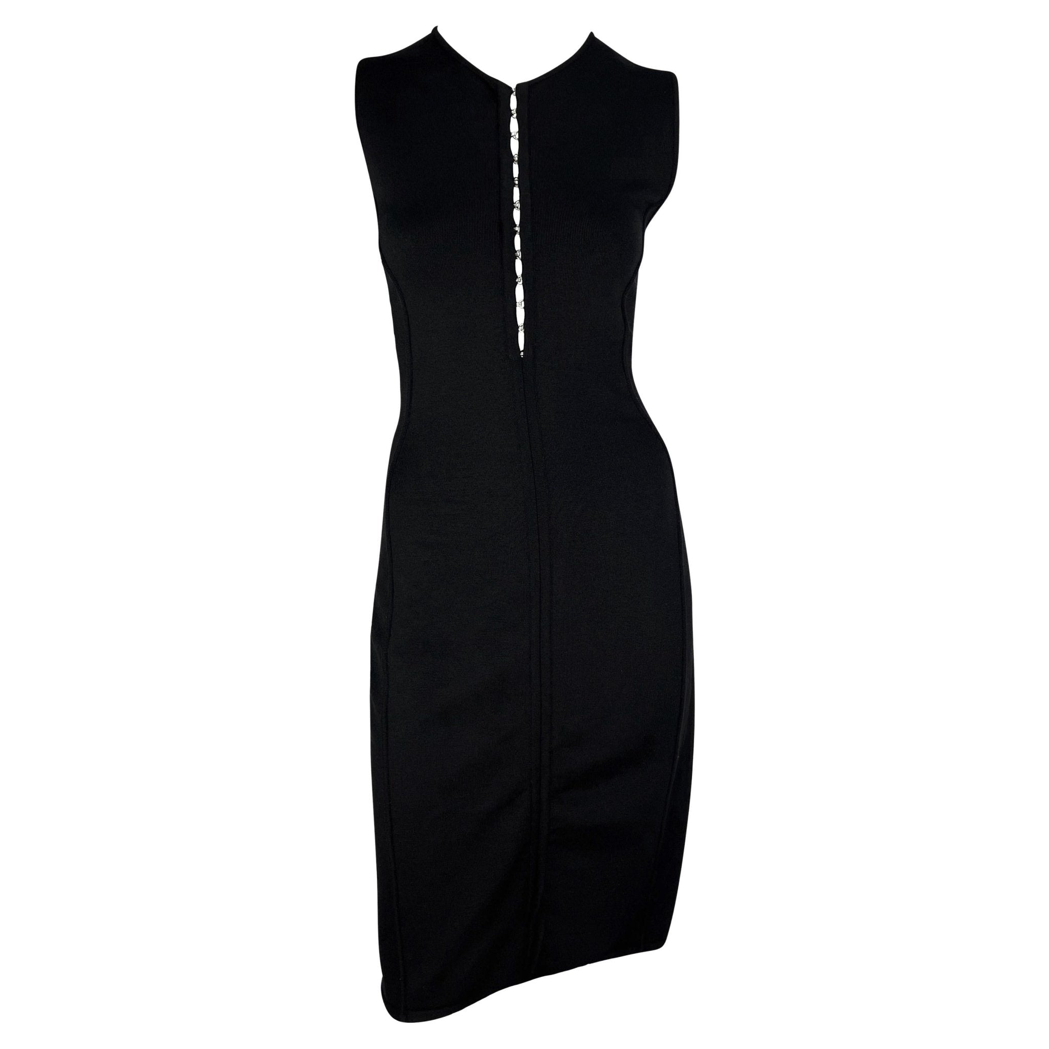 S/S 2002 Gianni Versace by Donatella Black Bodycon Hook Eye Plunging Knit Dress - RealList